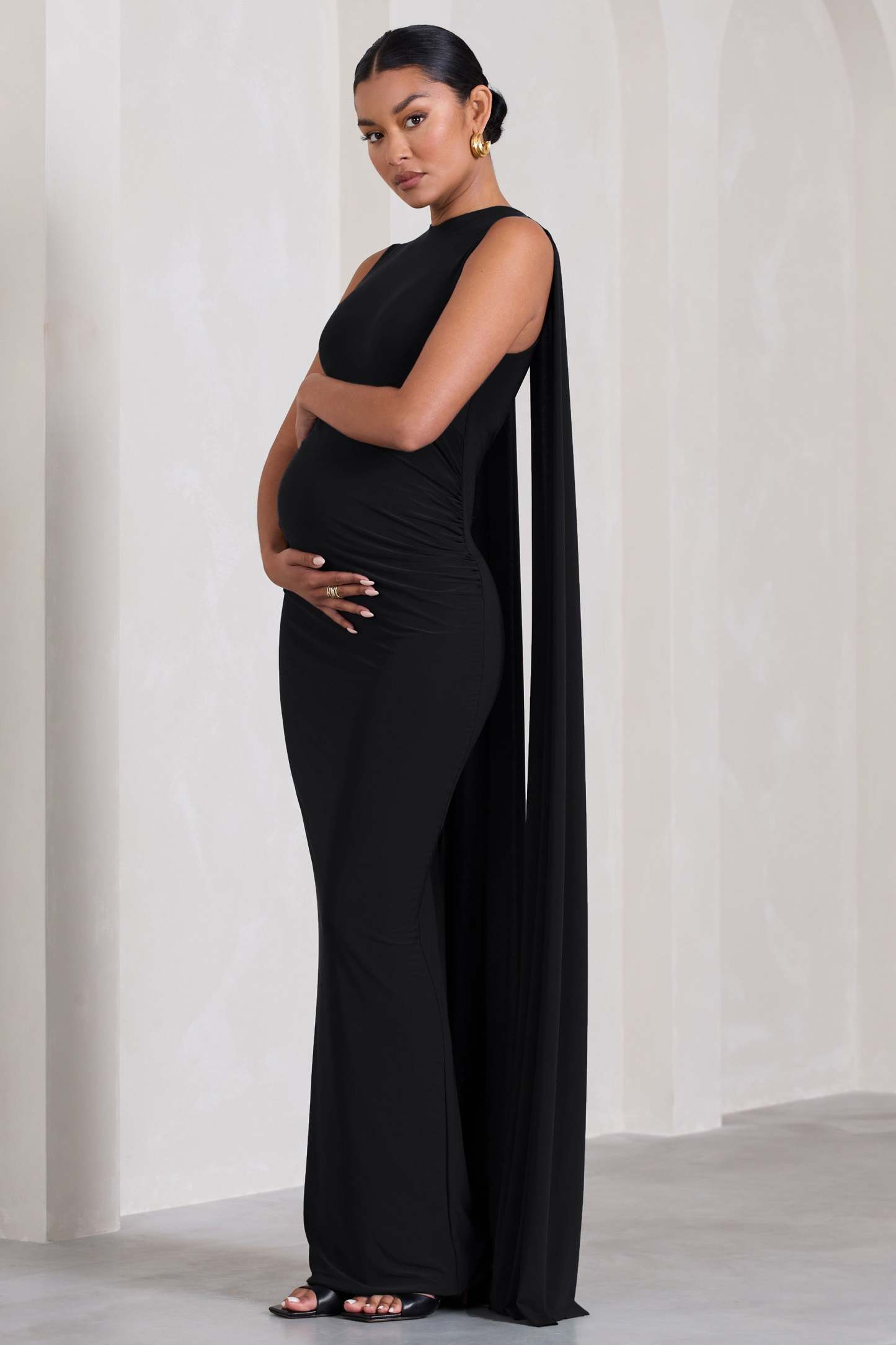 Allora Black High-Neck Sleeveless Cape Maternity Maxi Dress-Fashionmomo.All Rights Reserved