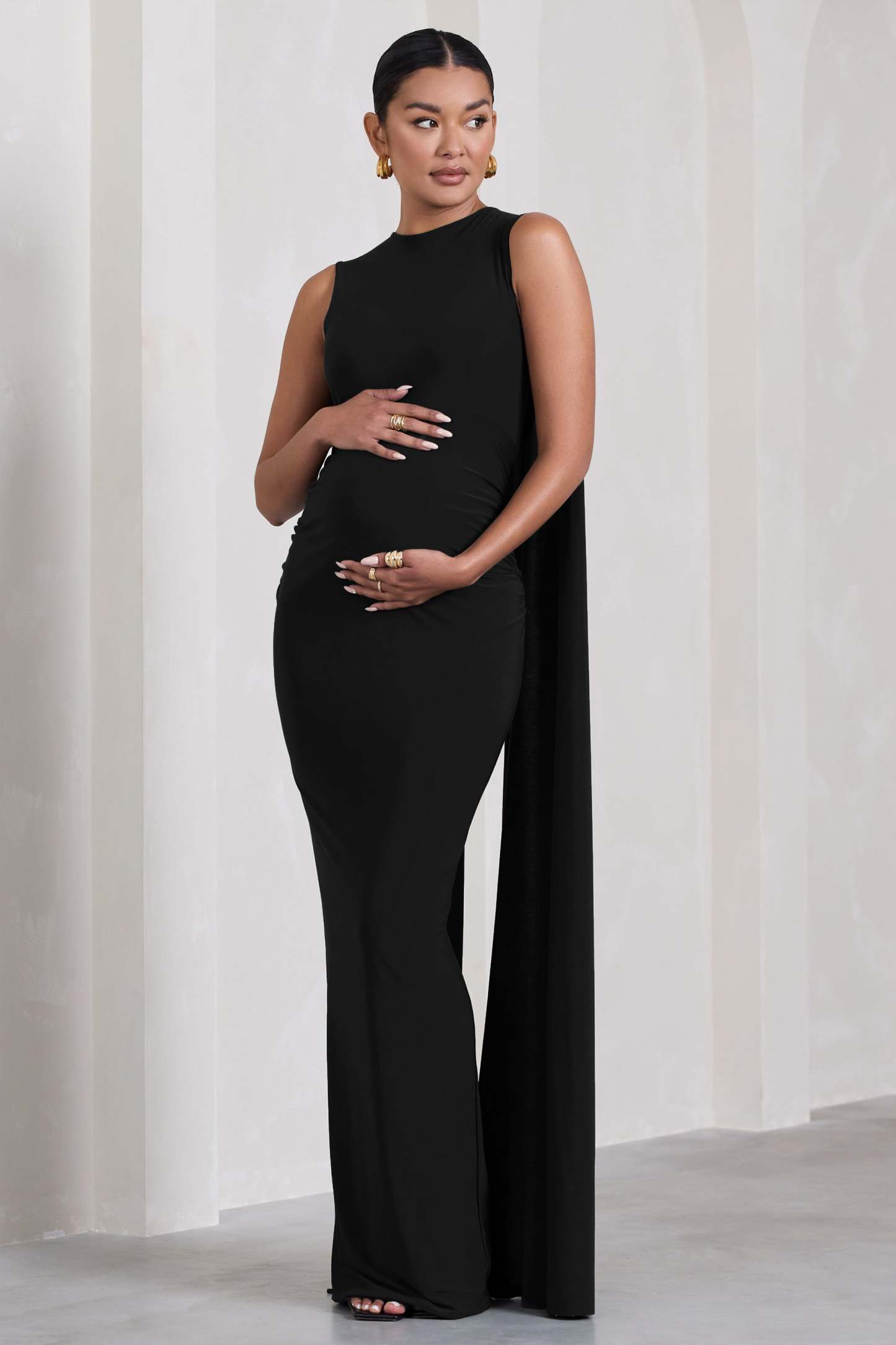 Allora Black High-Neck Sleeveless Cape Maternity Maxi Dress-Fashionmomo.All Rights Reserved