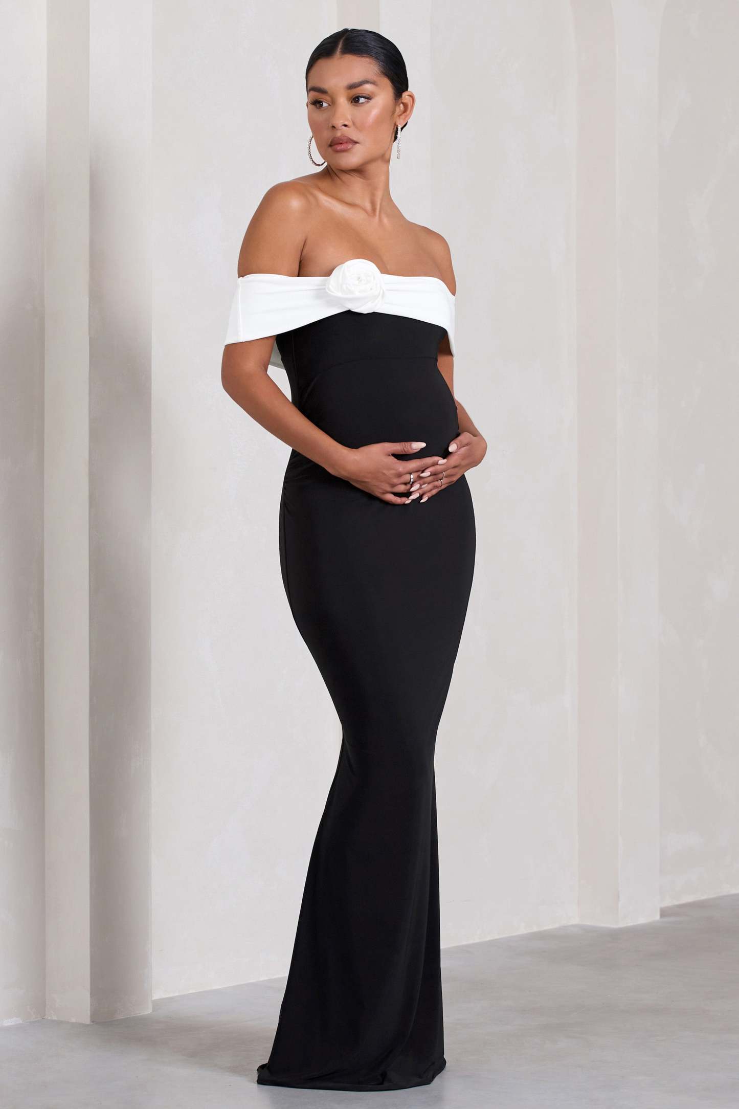 In Bloom Black & White Bardot Maternity Maxi Dress With Flower-Fashionmomo.All Rights Reserved
