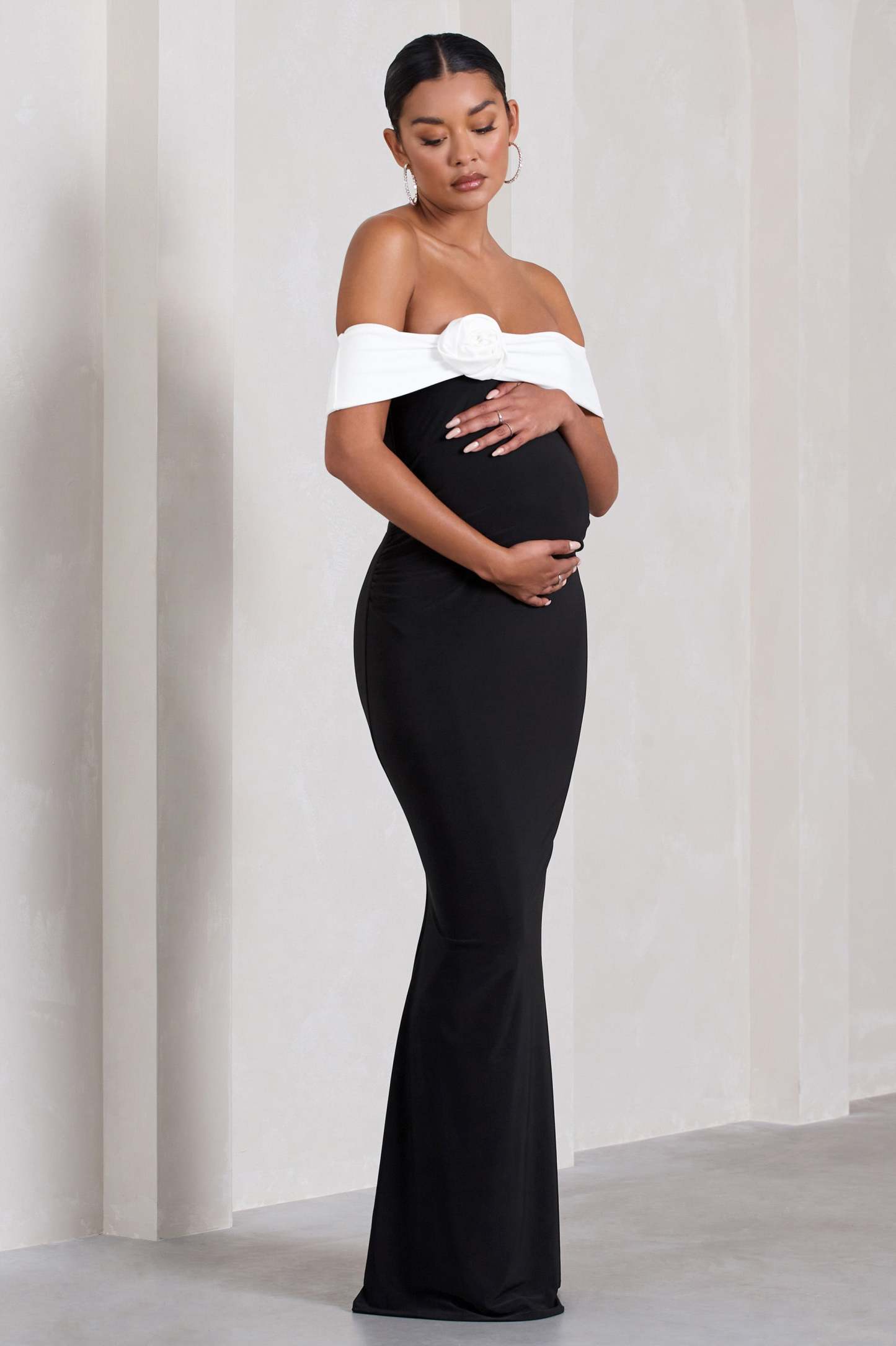 In Bloom Black & White Bardot Maternity Maxi Dress With Flower-Fashionmomo.All Rights Reserved