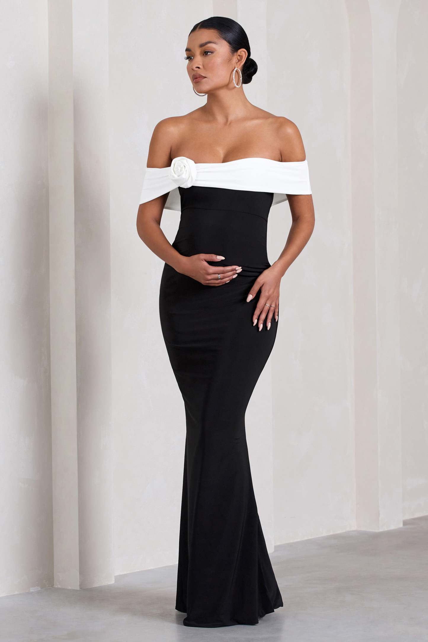 In Bloom Black & White Bardot Maternity Maxi Dress With Flower-Fashionmomo.All Rights Reserved