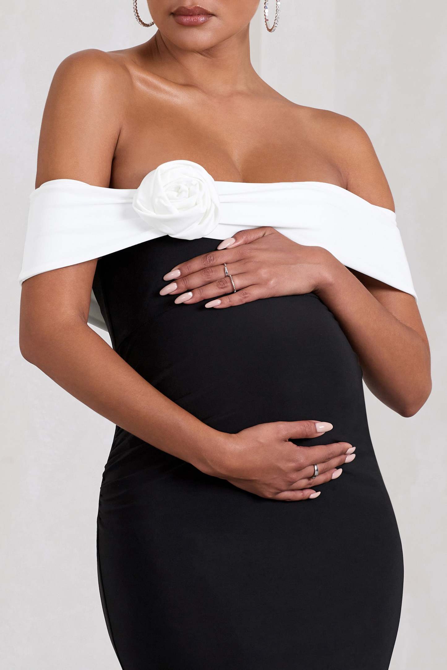 In Bloom Black & White Bardot Maternity Maxi Dress With Flower-Fashionmomo.All Rights Reserved
