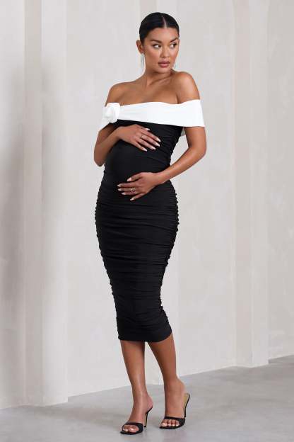 Prairie Black & White Bardot Maternity Midi Dress With Flower-Fashionmomo.All Rights Reserved