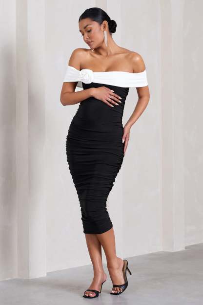 Prairie Black & White Bardot Maternity Midi Dress With Flower-Fashionmomo.All Rights Reserved