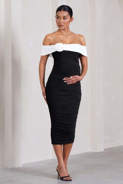 Prairie Black & White Bardot Maternity Midi Dress With Flower-Fashionmomo.All Rights Reserved