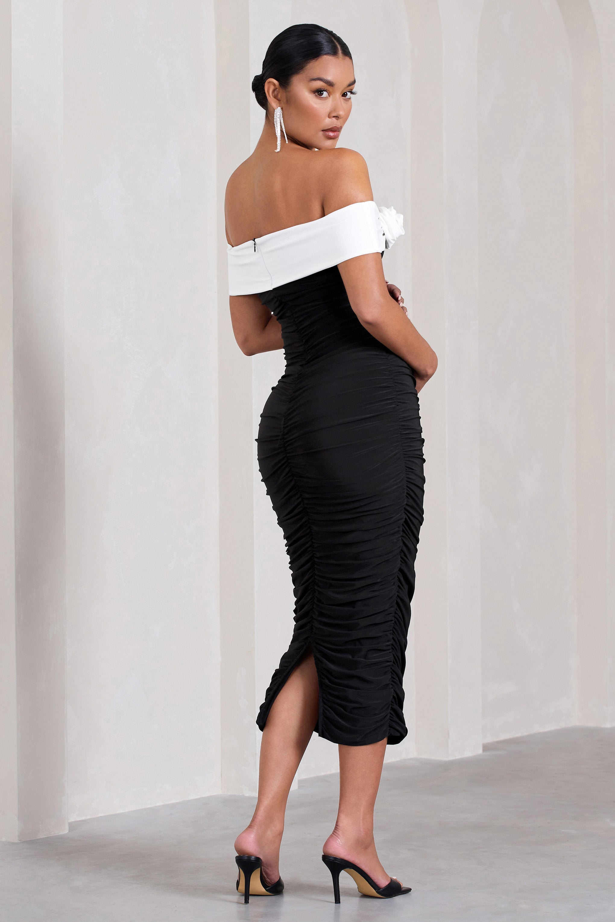 Prairie Black & White Bardot Maternity Midi Dress With Flower-Fashionmomo.All Rights Reserved