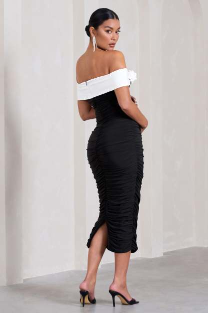 Prairie Black & White Bardot Maternity Midi Dress With Flower-Fashionmomo.All Rights Reserved