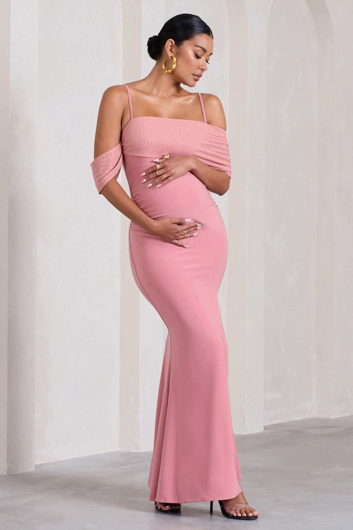 Augusta Blush Pink Mesh Bardot Strappy Split Maternity Maxi Dress-Fashionmomo.All Rights Reserved