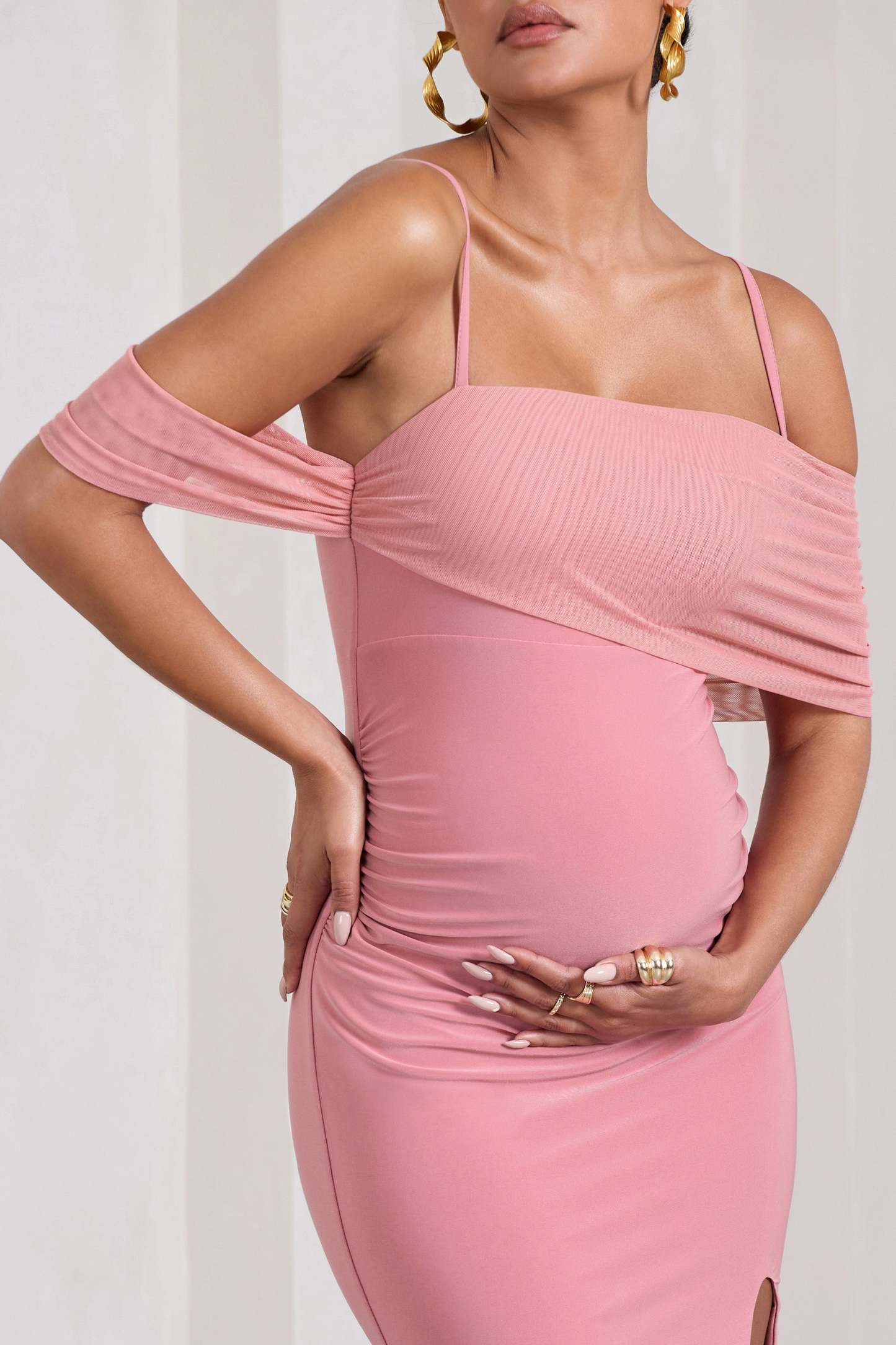 Augusta Blush Pink Mesh Bardot Strappy Split Maternity Maxi Dress-Fashionmomo.All Rights Reserved