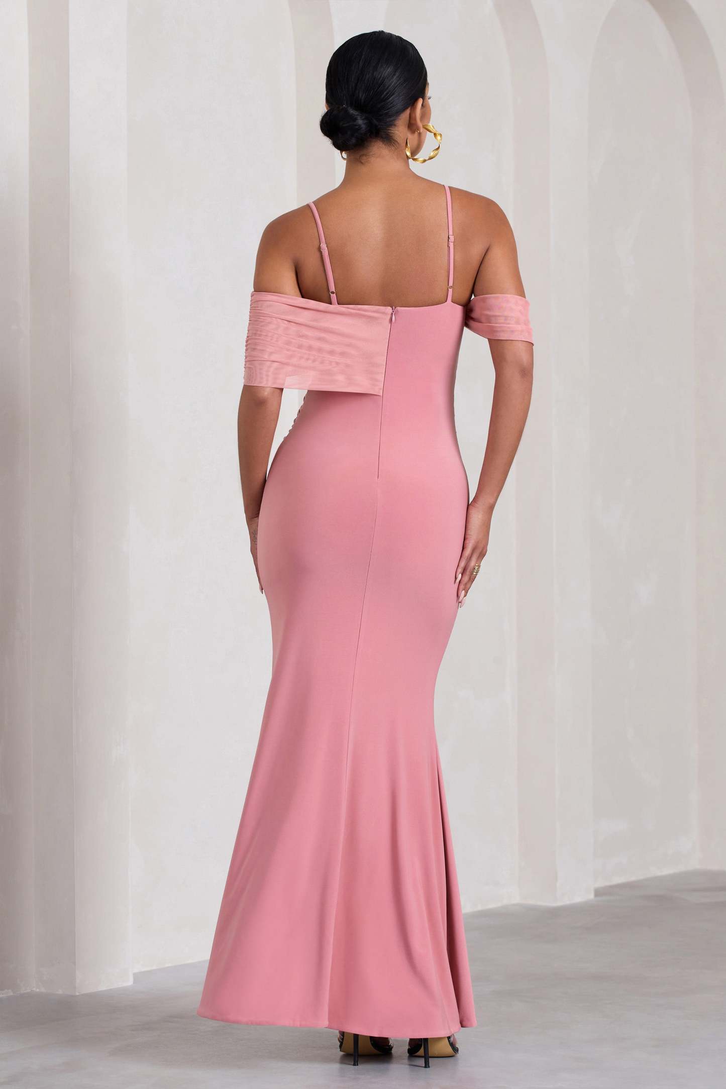 Augusta Blush Pink Mesh Bardot Strappy Split Maternity Maxi Dress-Fashionmomo.All Rights Reserved