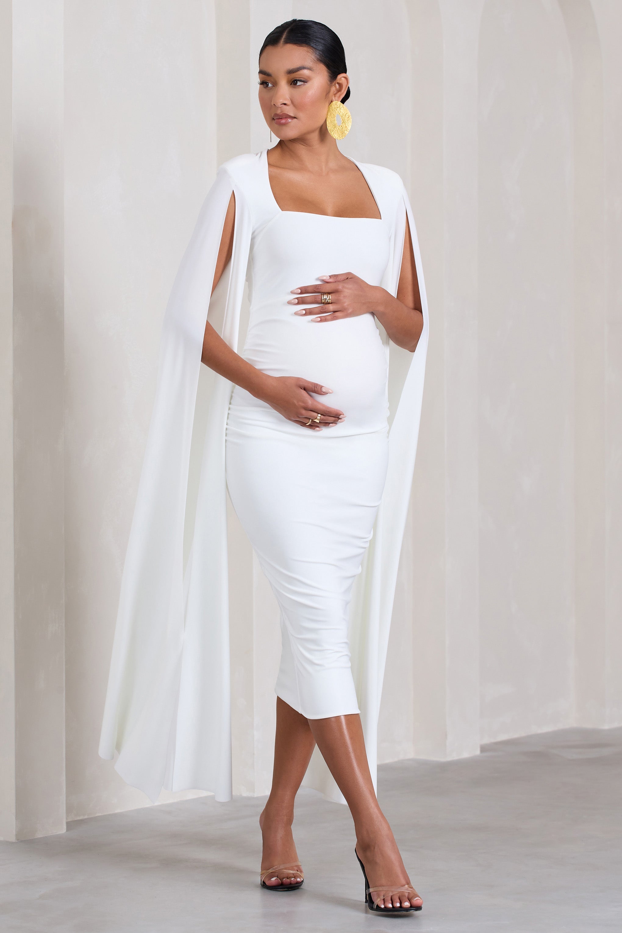 Flawless White Maternity Square Neck Midi Dress With Cape Sleeves-Fashionmomo.All Rights Reserved
