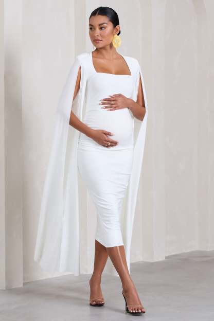 Flawless White Maternity Square Neck Midi Dress With Cape Sleeves-Fashionmomo.All Rights Reserved