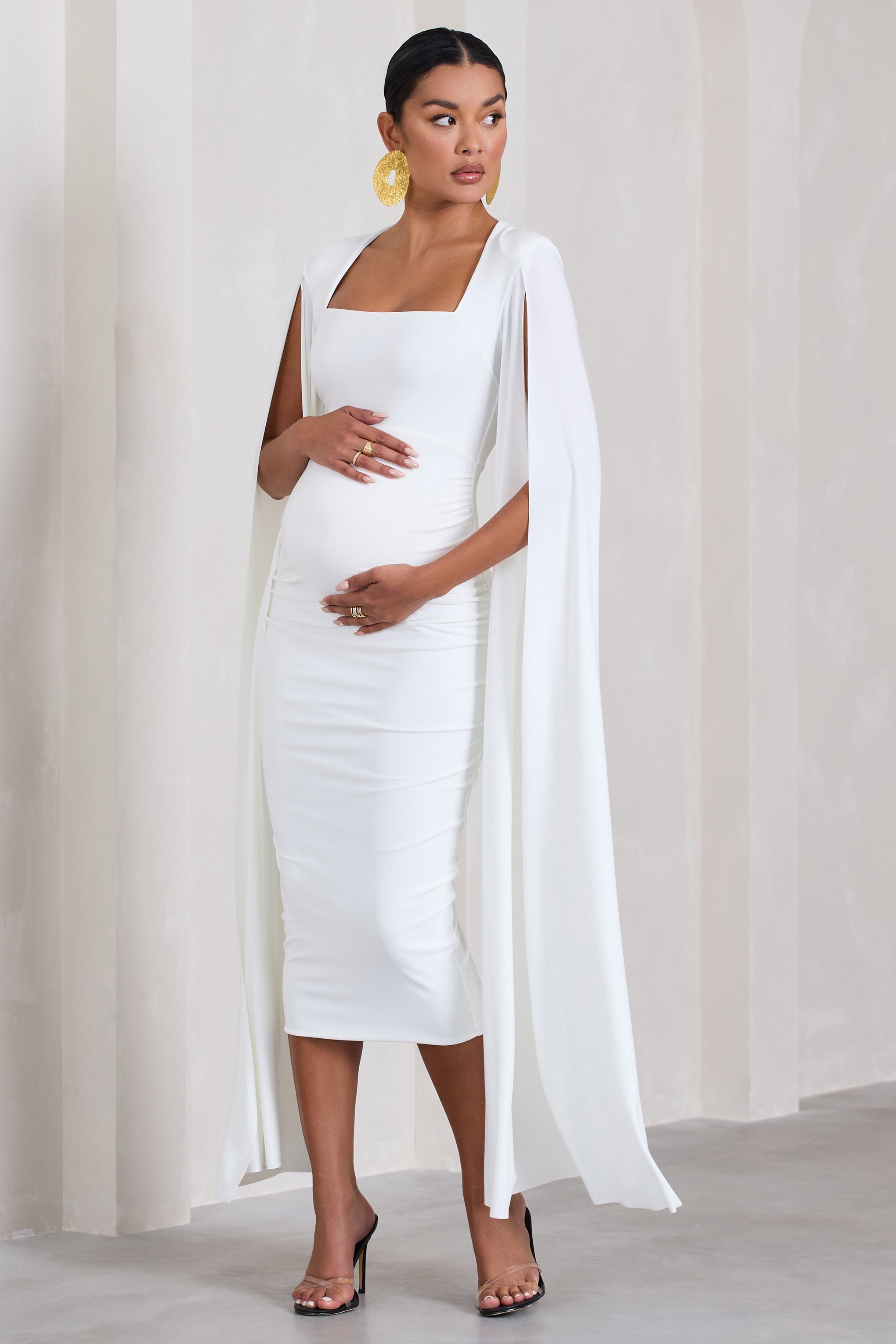 Flawless White Maternity Square Neck Midi Dress With Cape Sleeves-Fashionmomo.All Rights Reserved