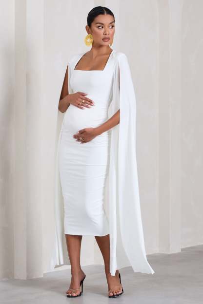 Flawless White Maternity Square Neck Midi Dress With Cape Sleeves-Fashionmomo.All Rights Reserved
