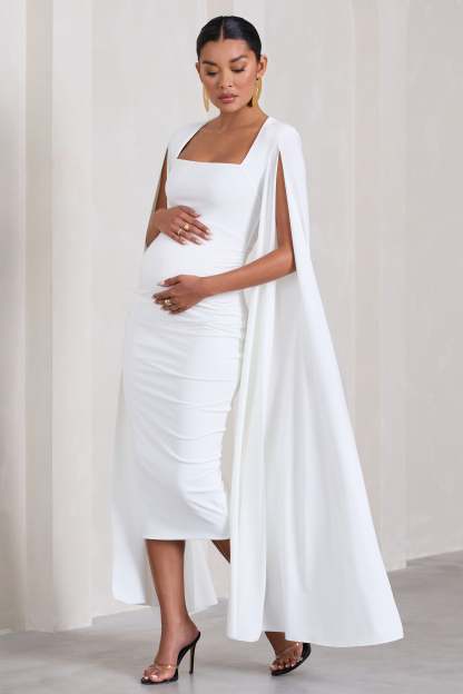 Flawless White Maternity Square Neck Midi Dress With Cape Sleeves-Fashionmomo.All Rights Reserved