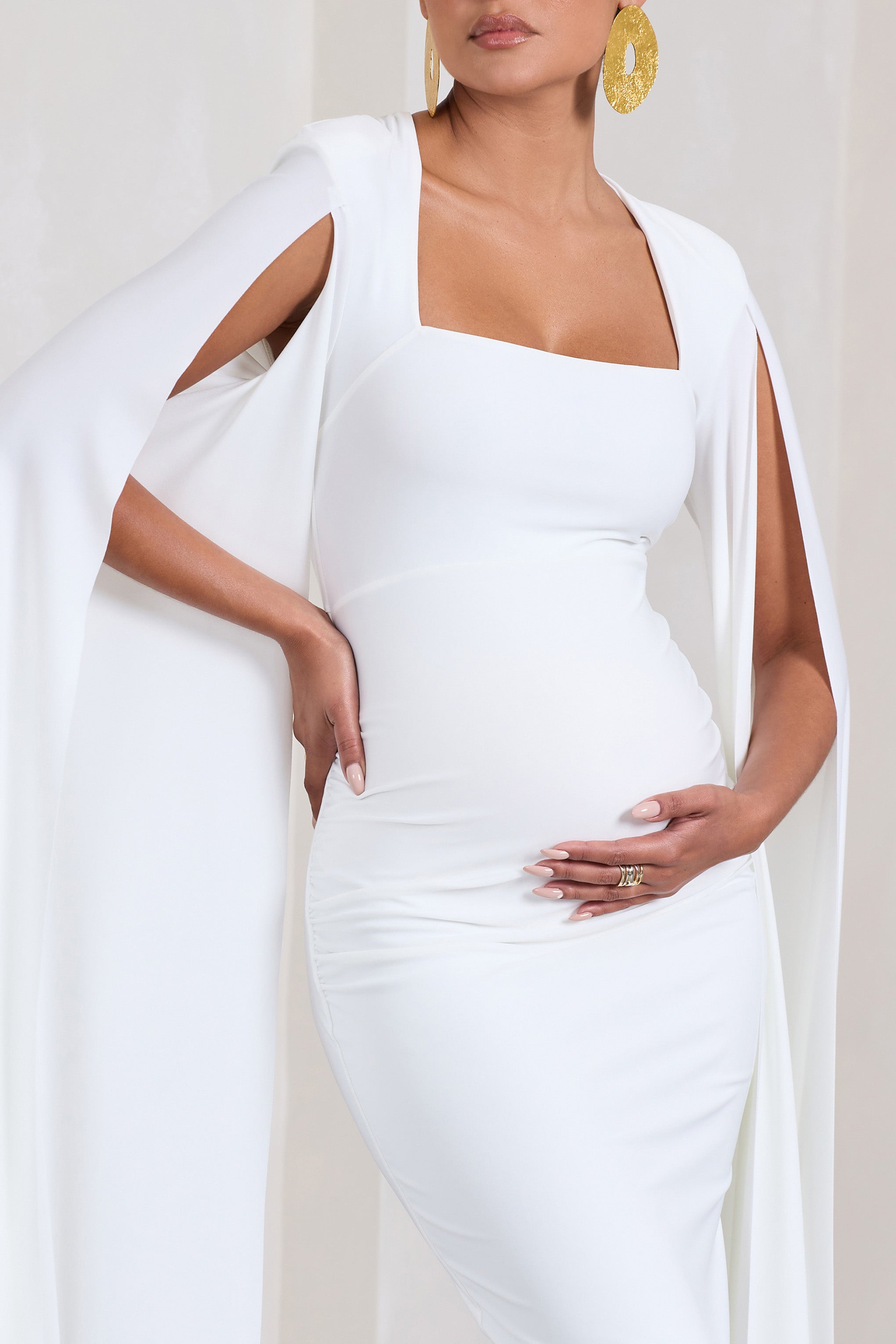 Flawless White Maternity Square Neck Midi Dress With Cape Sleeves-Fashionmomo.All Rights Reserved