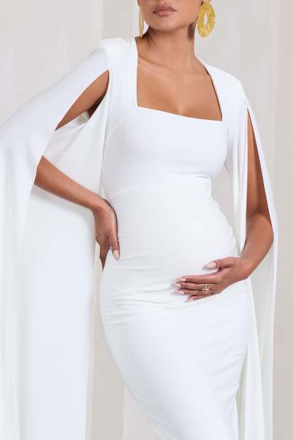 Flawless White Maternity Square Neck Midi Dress With Cape Sleeves-Fashionmomo.All Rights Reserved