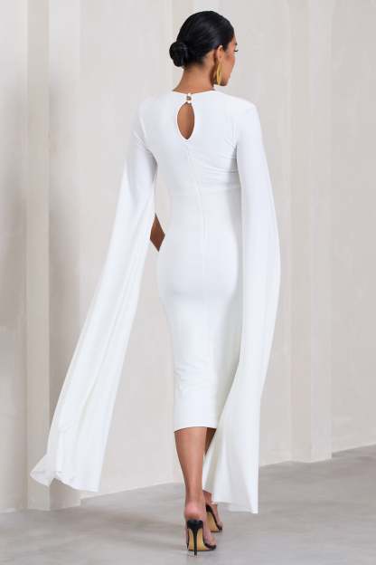 Flawless White Maternity Square Neck Midi Dress With Cape Sleeves-Fashionmomo.All Rights Reserved