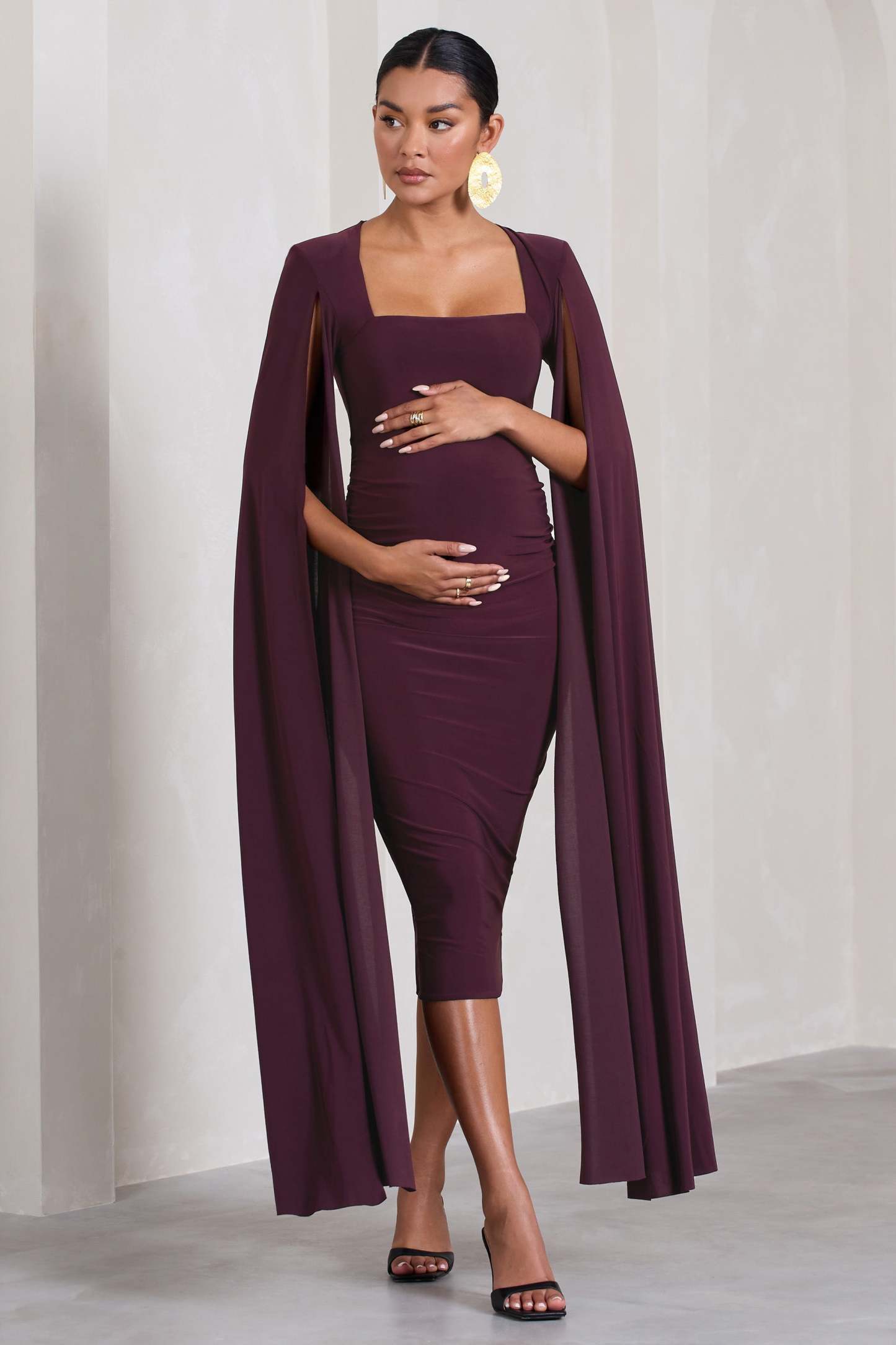 Flawless Plum Maternity Square Neck Midi Dress With Cape Sleeves-Fashionmomo.All Rights Reserved