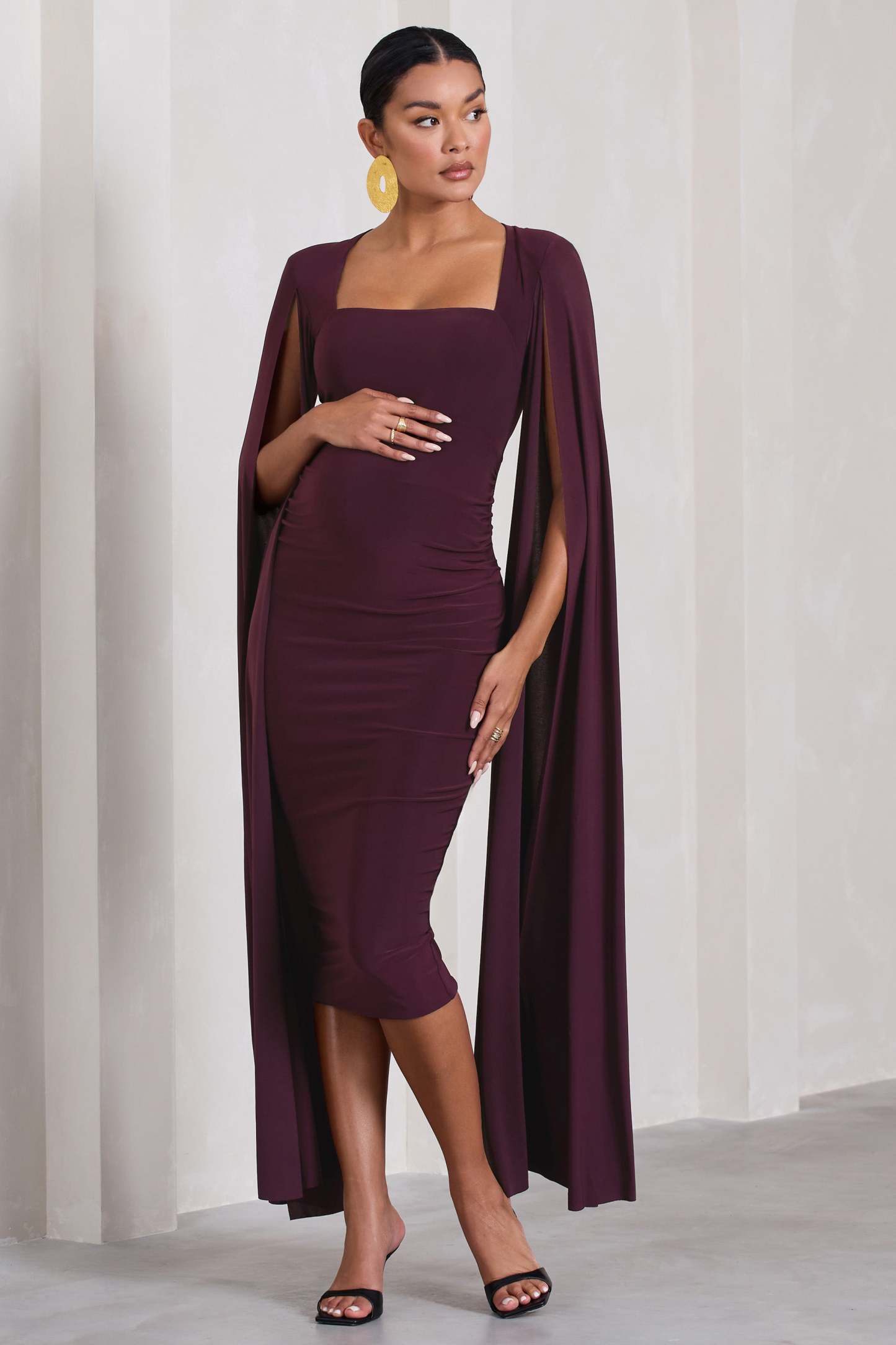 Flawless Plum Maternity Square Neck Midi Dress With Cape Sleeves-Fashionmomo.All Rights Reserved