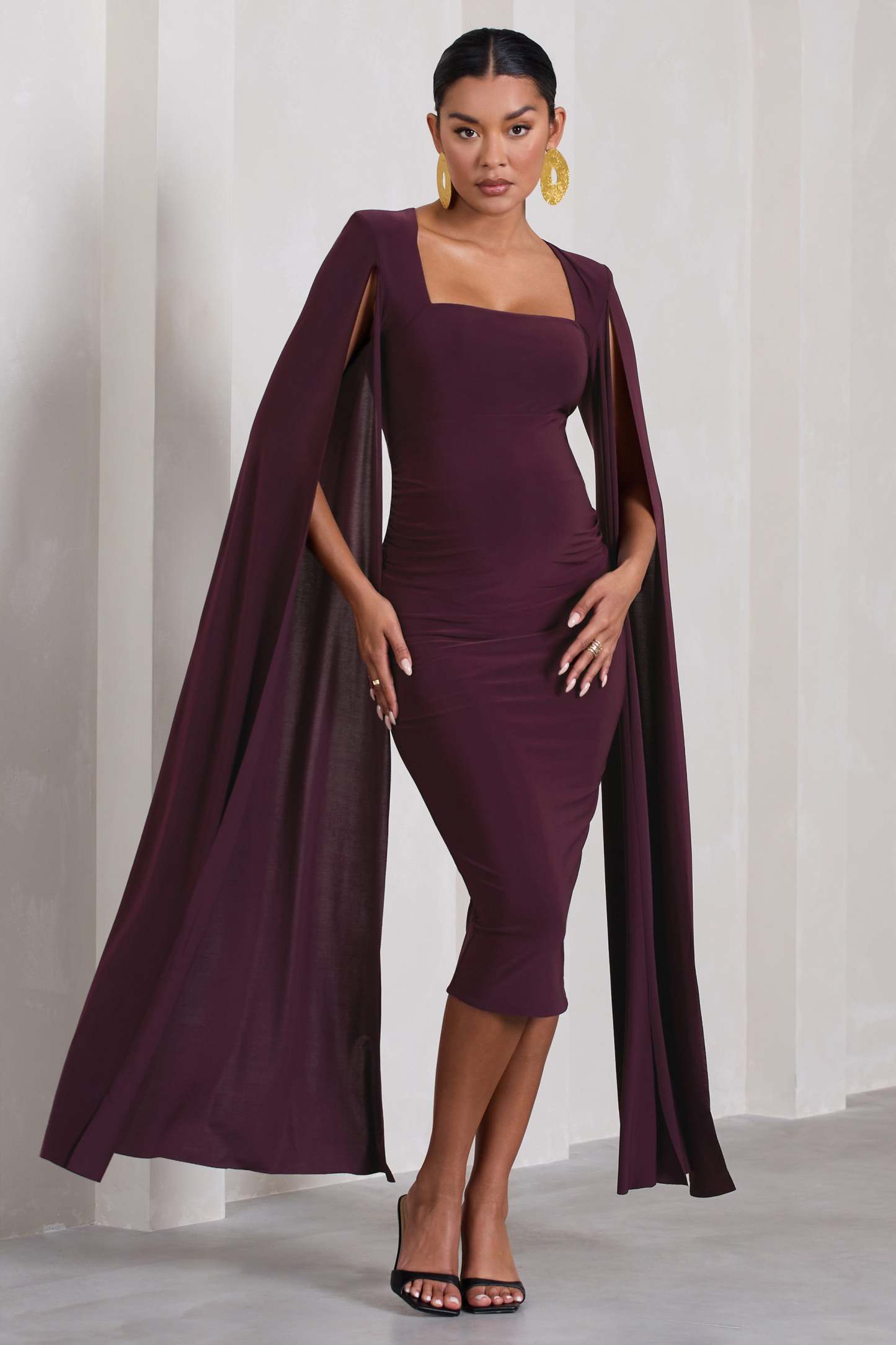 Flawless Plum Maternity Square Neck Midi Dress With Cape Sleeves-Fashionmomo.All Rights Reserved
