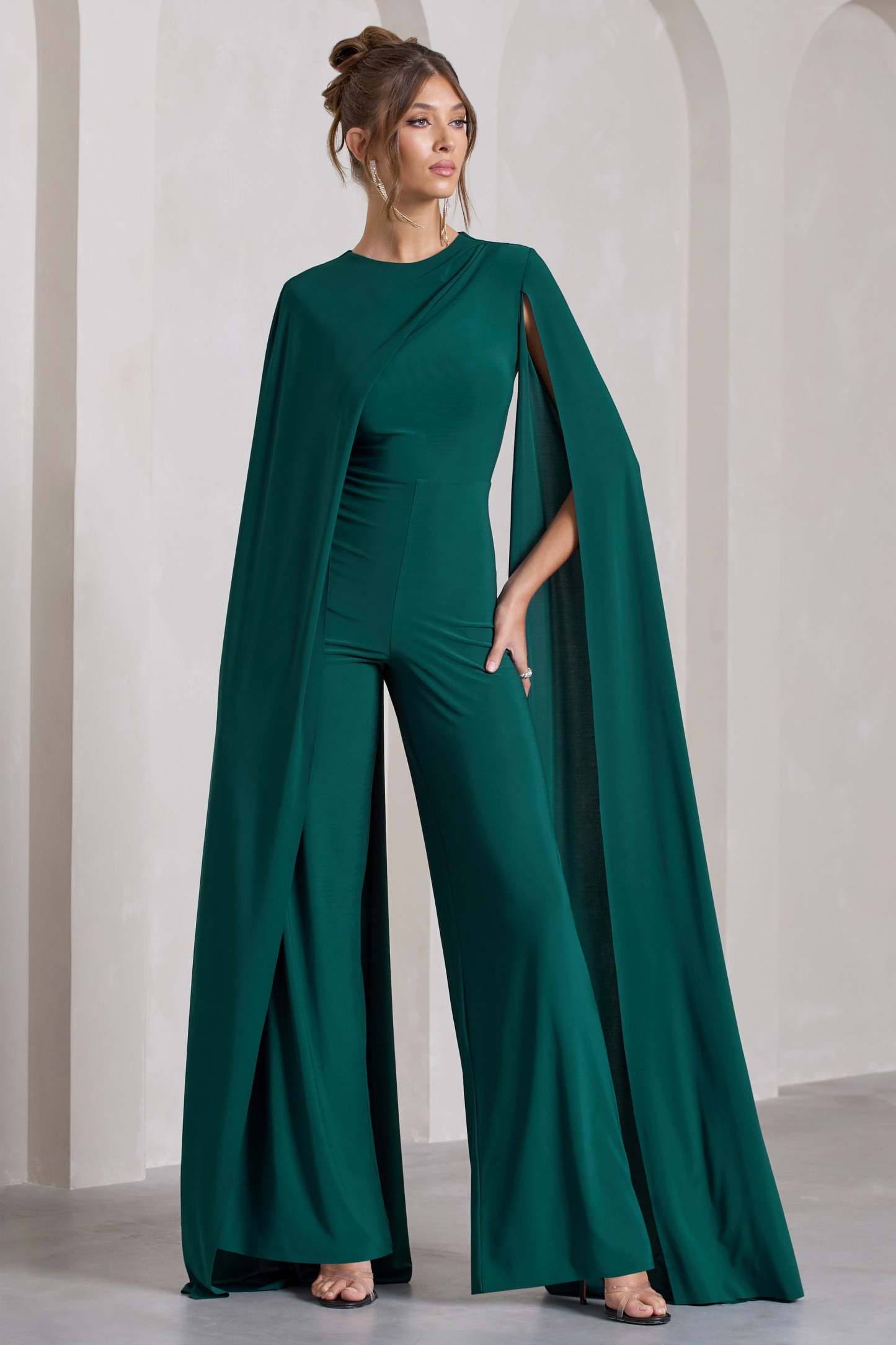 Harley Bottle Green Straight-Leg Jumpsuit With Cape Sleeves-Fashionmomo.All Rights Reserved