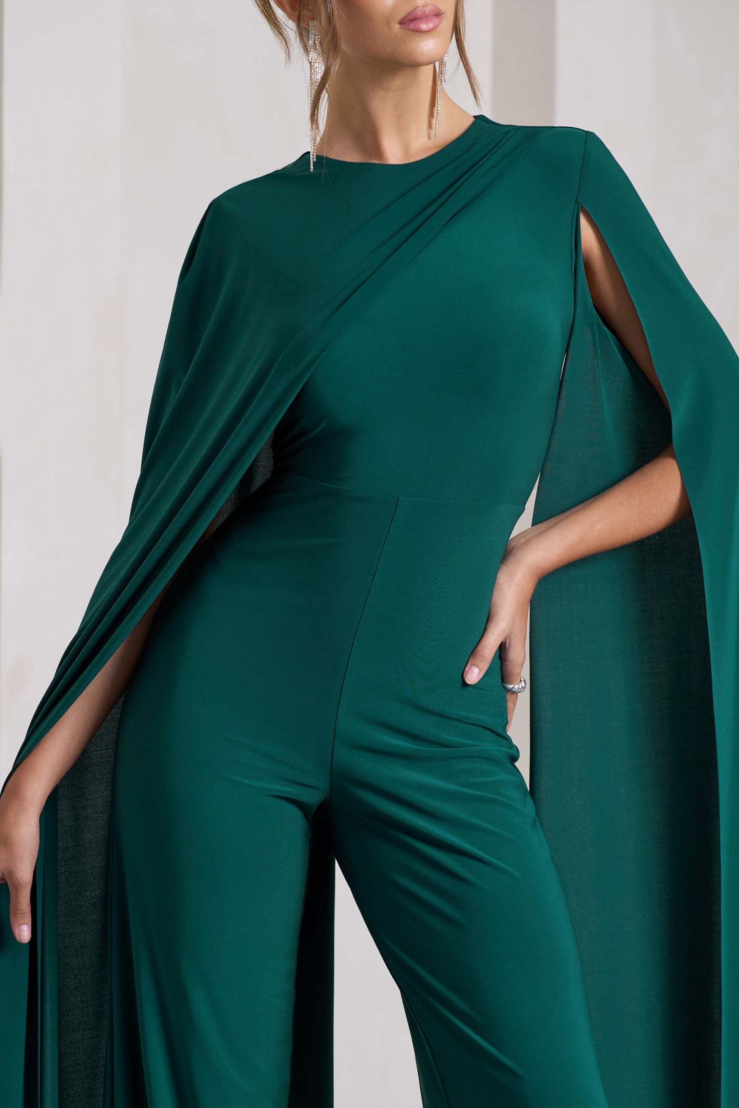 Harley Bottle Green Straight-Leg Jumpsuit With Cape Sleeves-Fashionmomo.All Rights Reserved