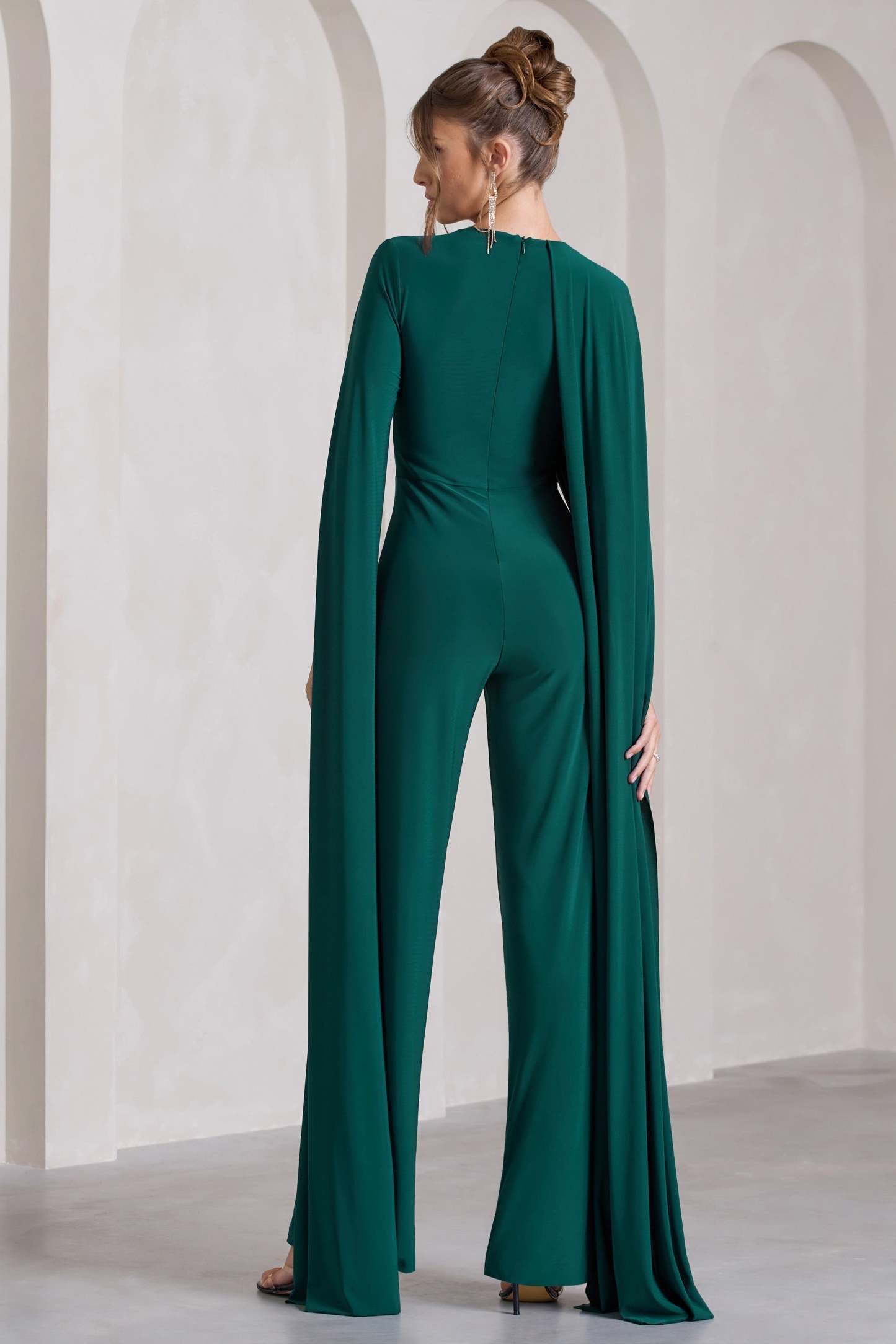 Harley Bottle Green Straight-Leg Jumpsuit With Cape Sleeves-Fashionmomo.All Rights Reserved