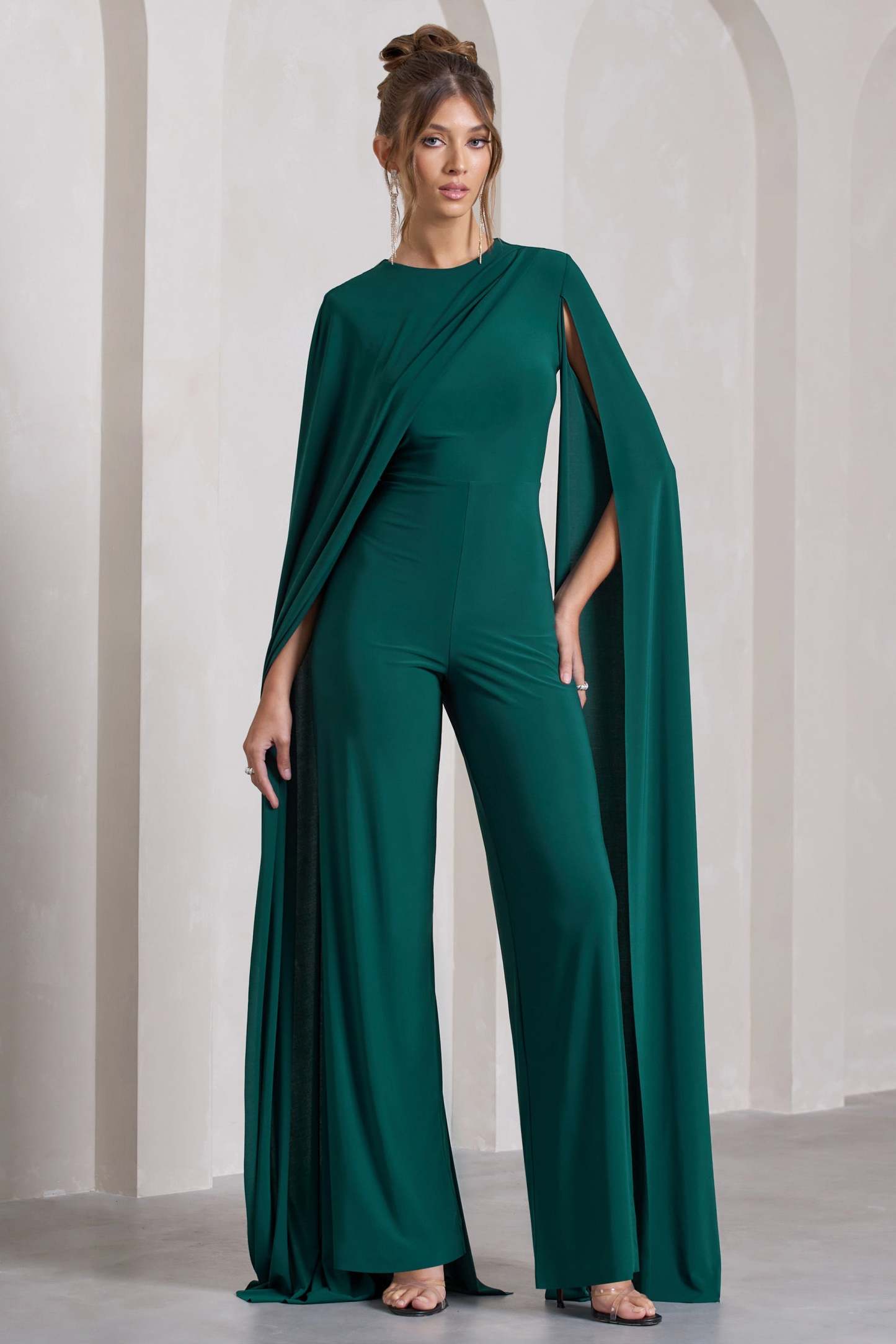 Harley Bottle Green Straight-Leg Jumpsuit With Cape Sleeves-Fashionmomo.All Rights Reserved