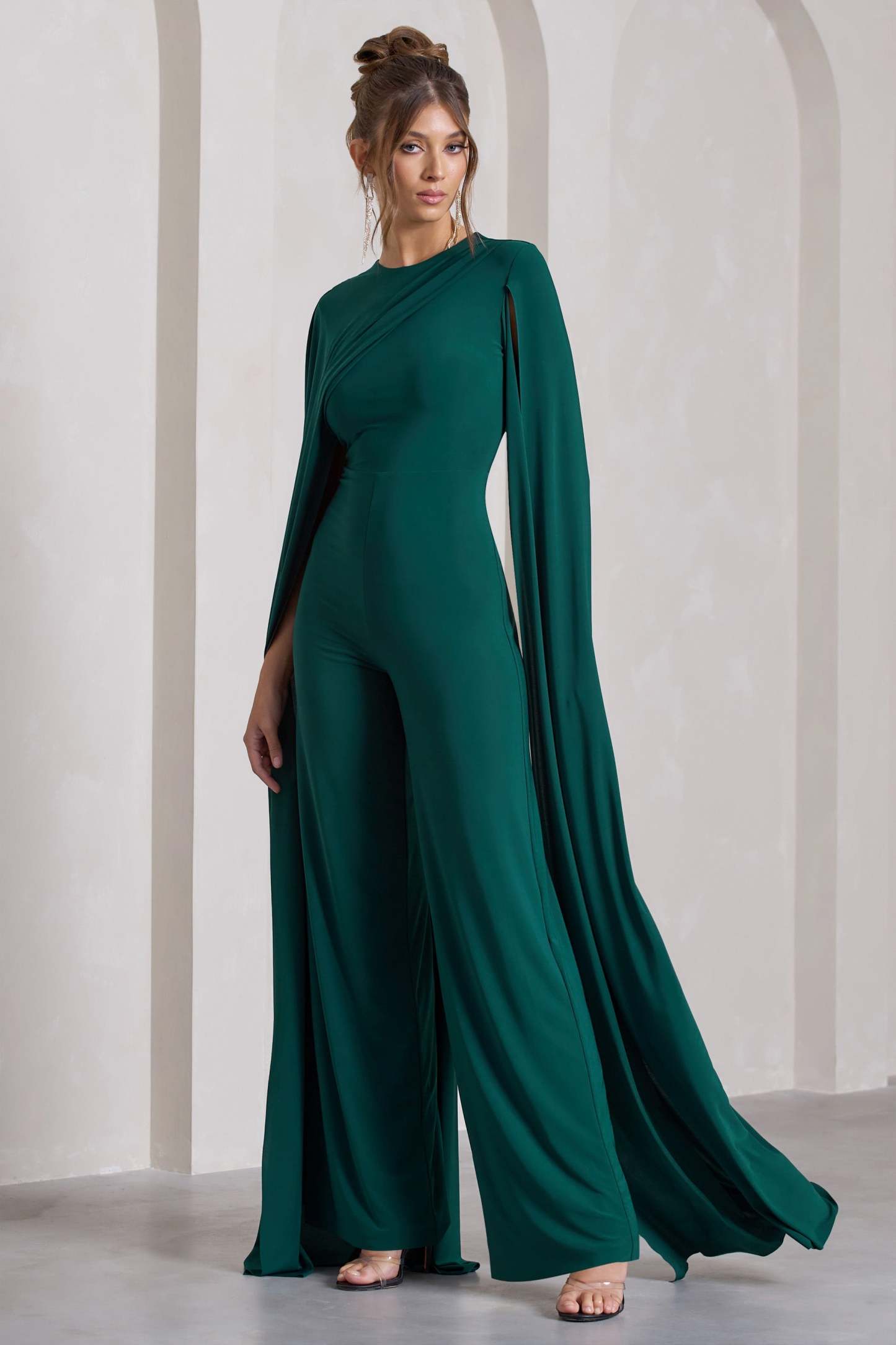 Harley Bottle Green Straight-Leg Jumpsuit With Cape Sleeves-Fashionmomo.All Rights Reserved