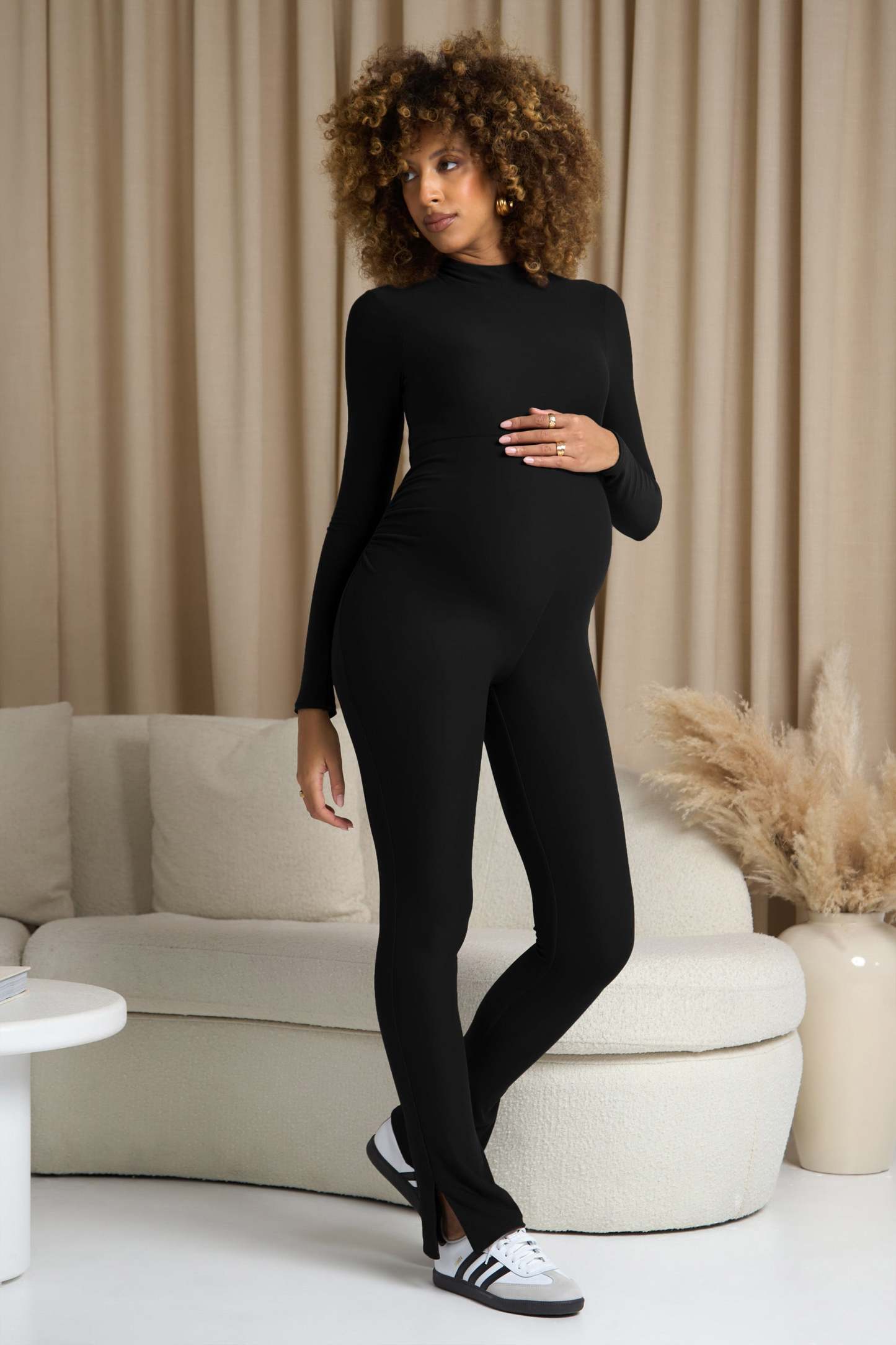 Fia Black High-Neck Slim-Leg Maternity Jumpsuit-Fashionmomo.All Rights Reserved