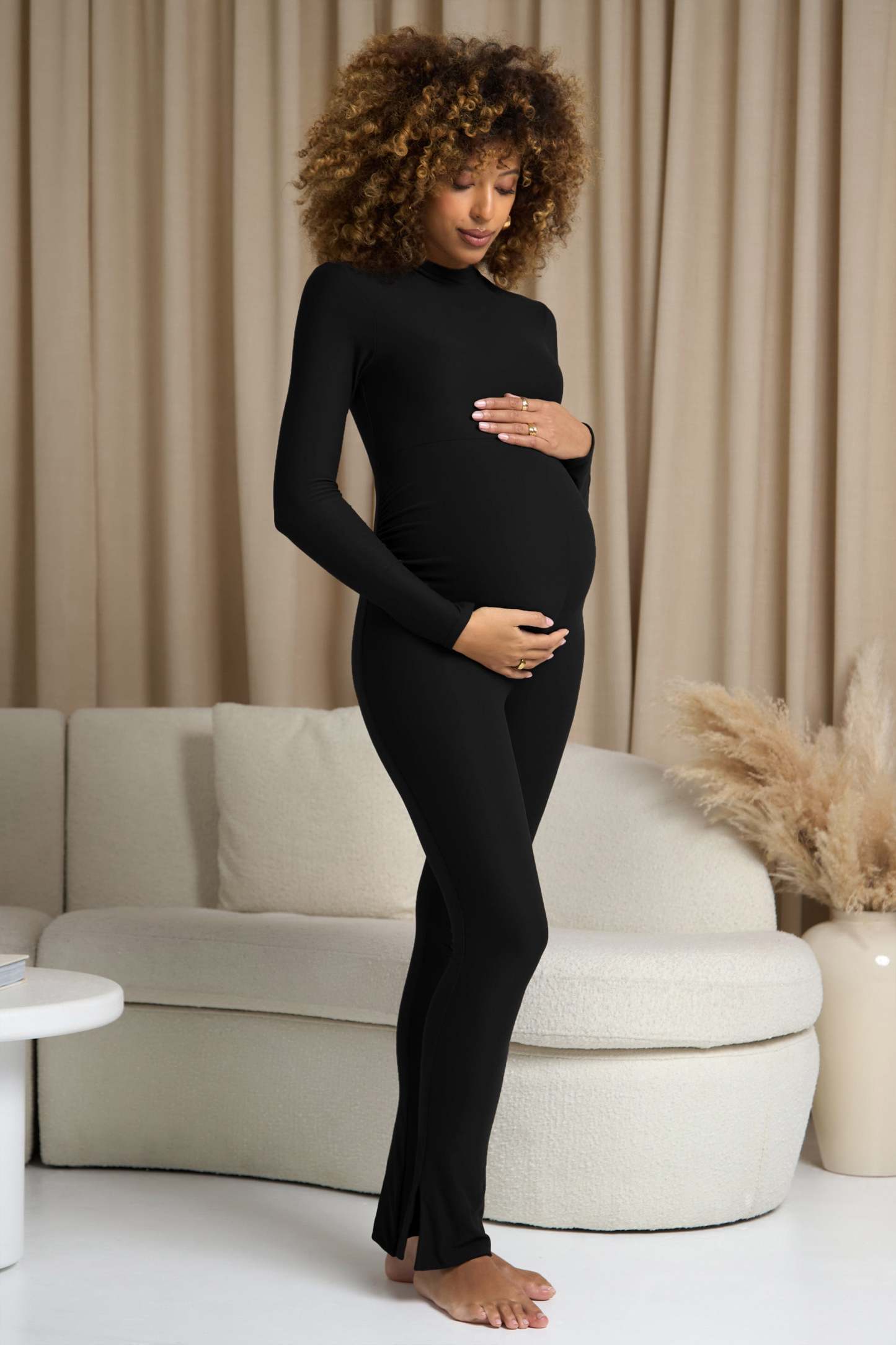 Fia Black High-Neck Slim-Leg Maternity Jumpsuit-Fashionmomo.All Rights Reserved