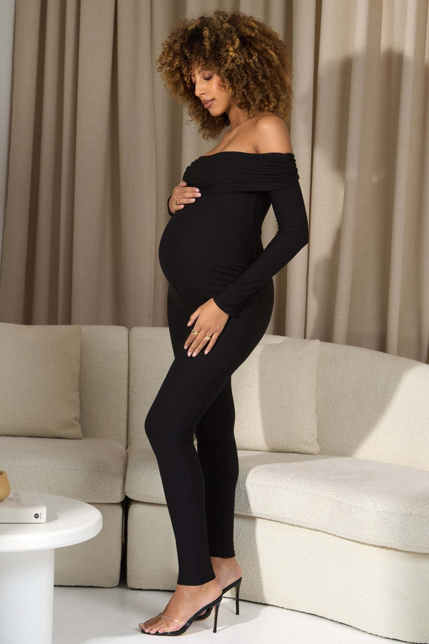 Ashmara Black Bardot Skinny-Leg Maternity Jumpsuit-Fashionmomo.All Rights Reserved