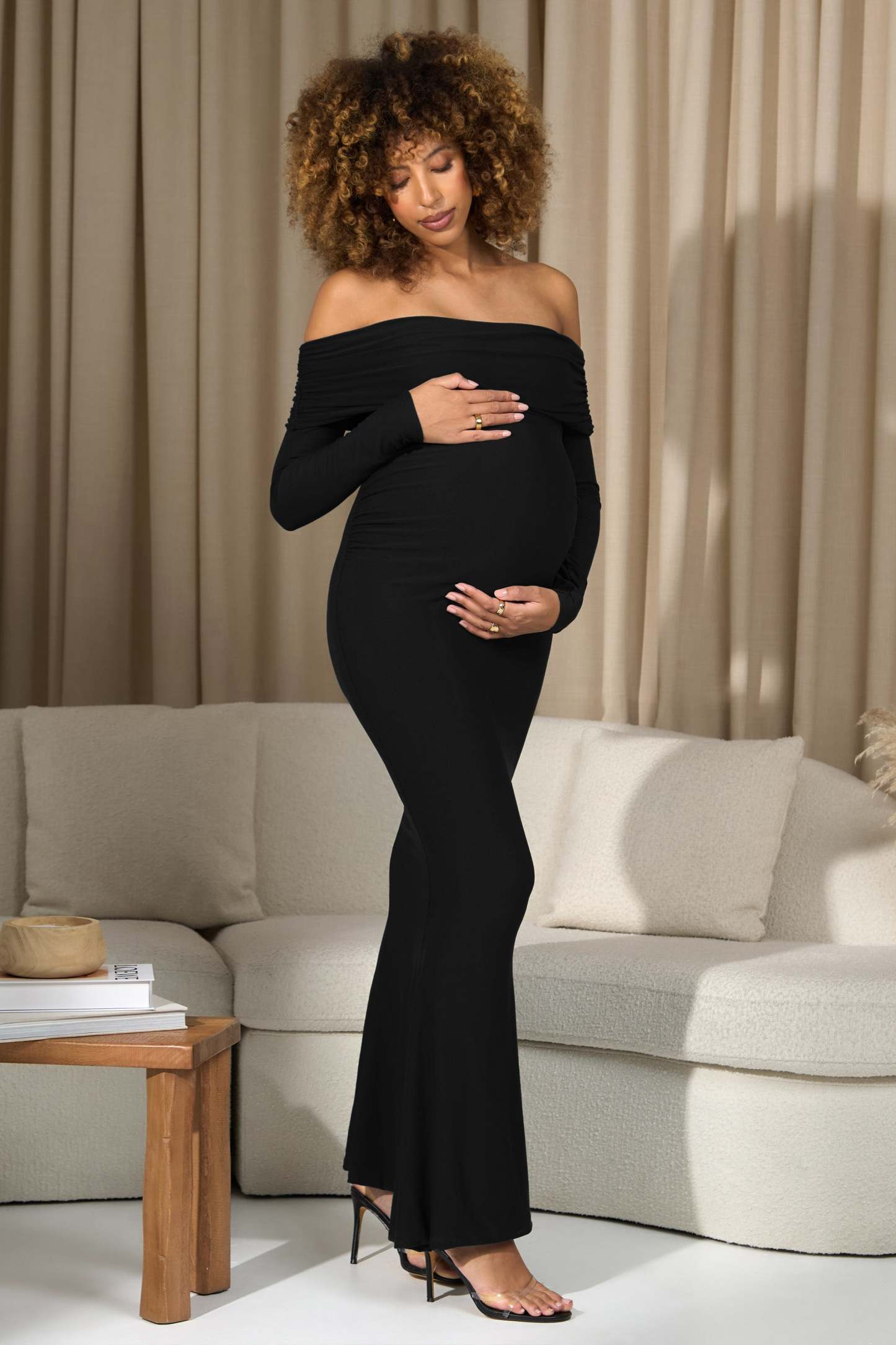 Aster Black Bardot Long-Sleeve Maternity Maxi Dress-Fashionmomo.All Rights Reserved