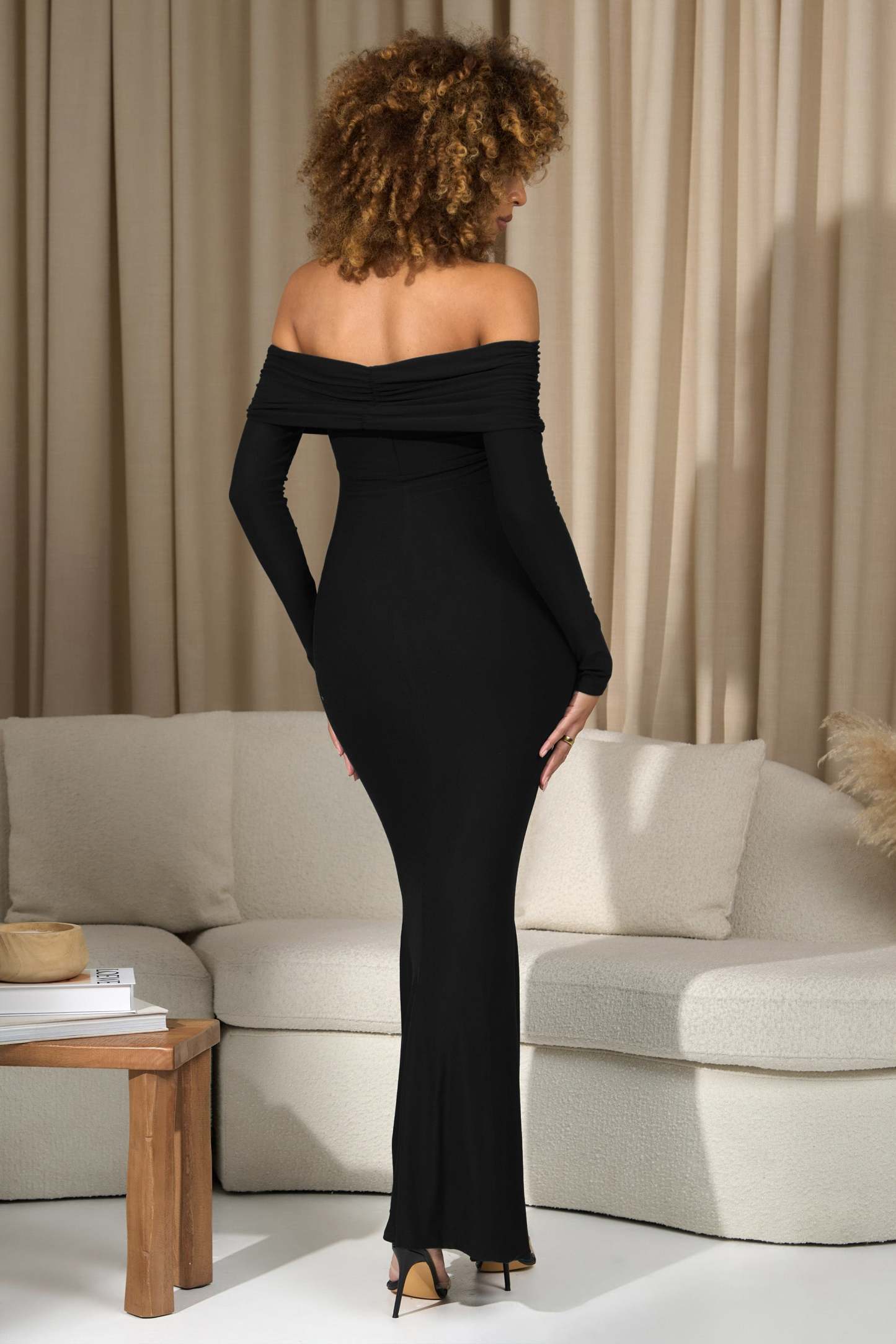 Aster Black Bardot Long-Sleeve Maternity Maxi Dress-Fashionmomo.All Rights Reserved
