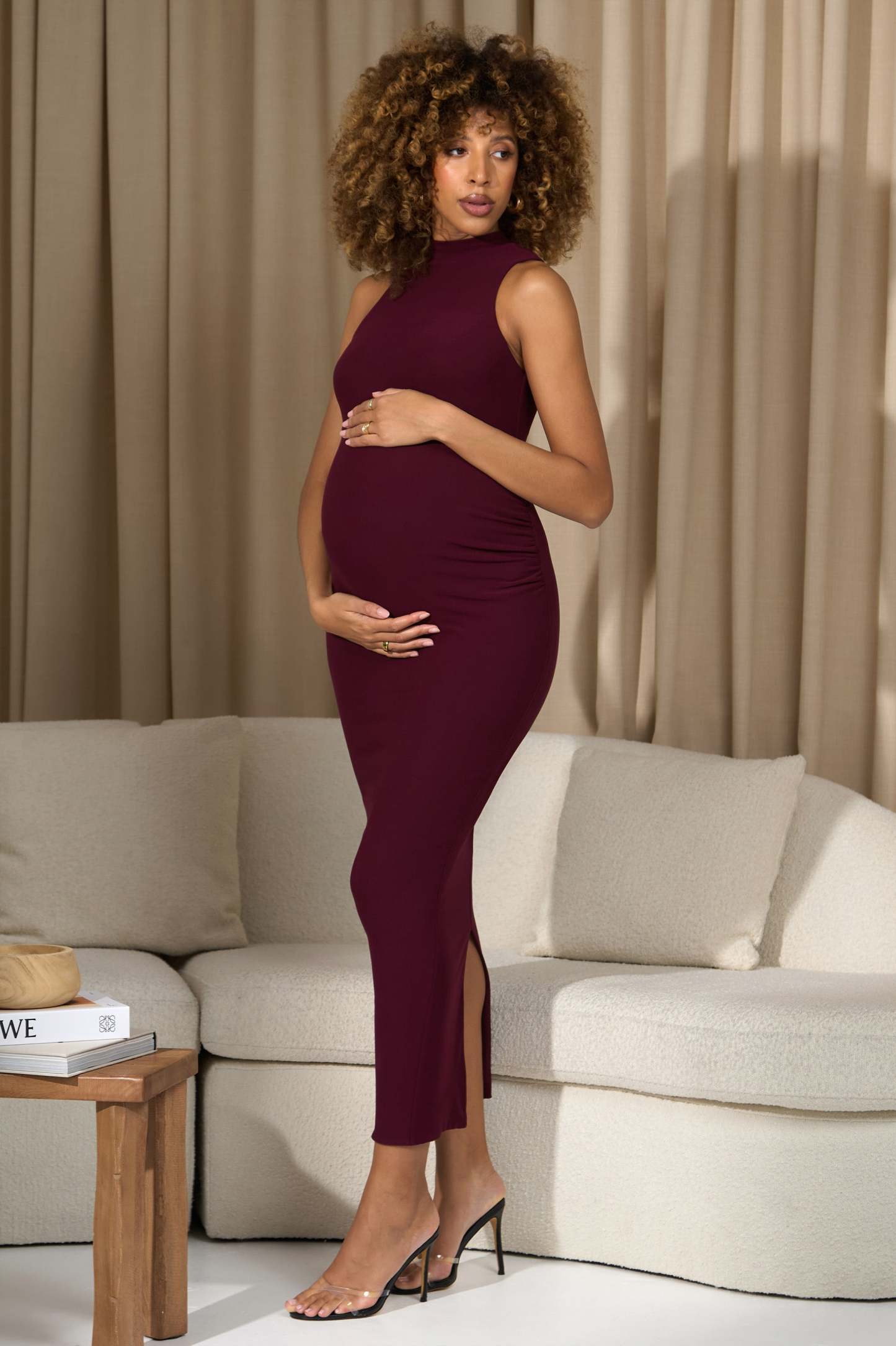 Anika Burgundy High-Neck Sleeveless Split Maternity Maxi Dress-Fashionmomo.All Rights Reserved