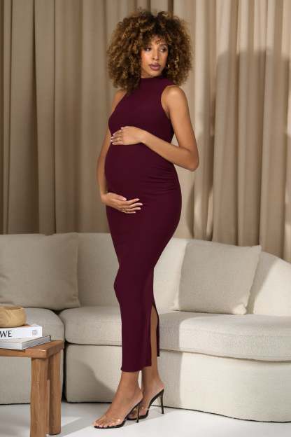 Anika Burgundy High-Neck Sleeveless Split Maternity Maxi Dress-Fashionmomo.All Rights Reserved