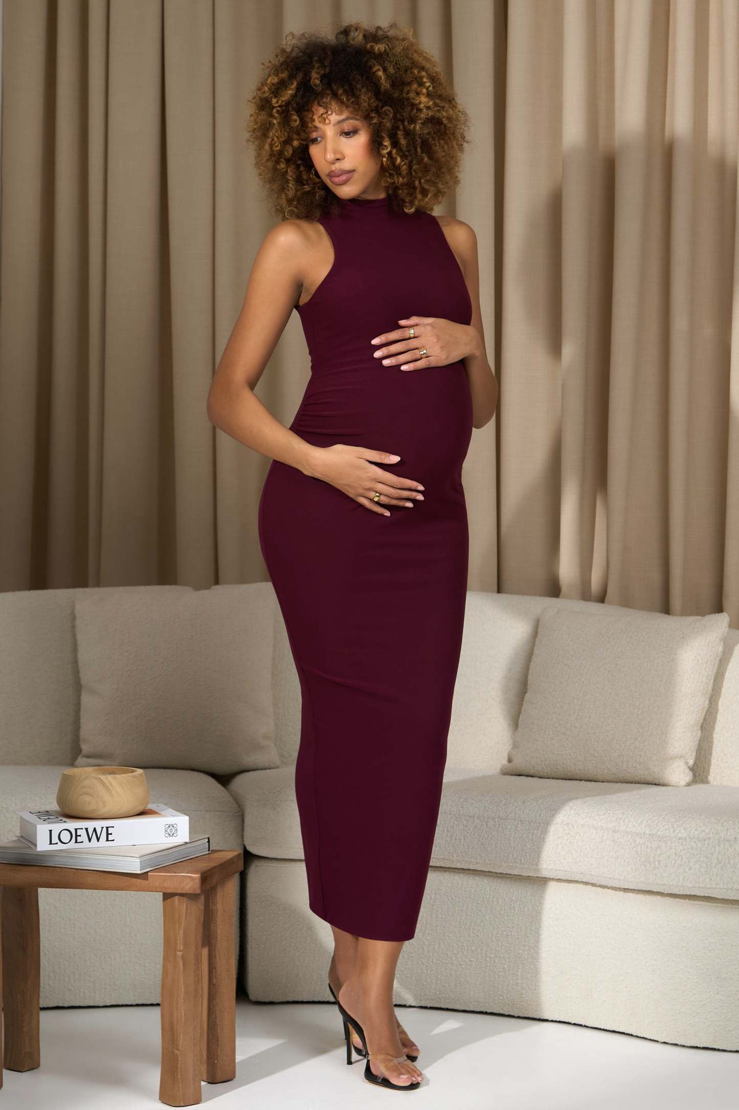 Anika Burgundy High-Neck Sleeveless Split Maternity Maxi Dress-Fashionmomo.All Rights Reserved