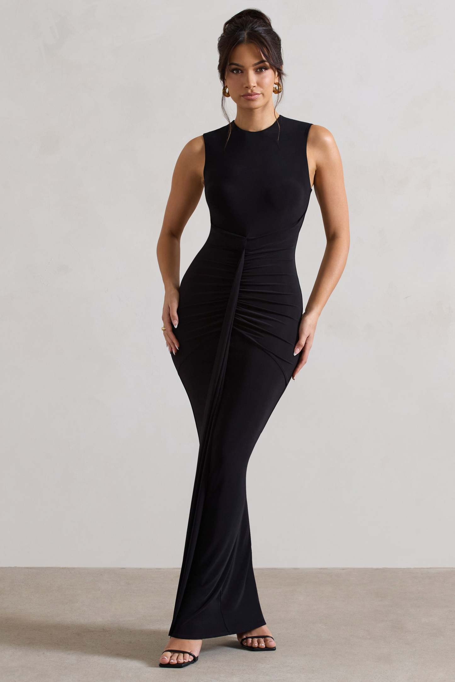 Alexa Black High-Neck Gathered Maxi Dress With Drape-Fashionmomo.All Rights Reserved