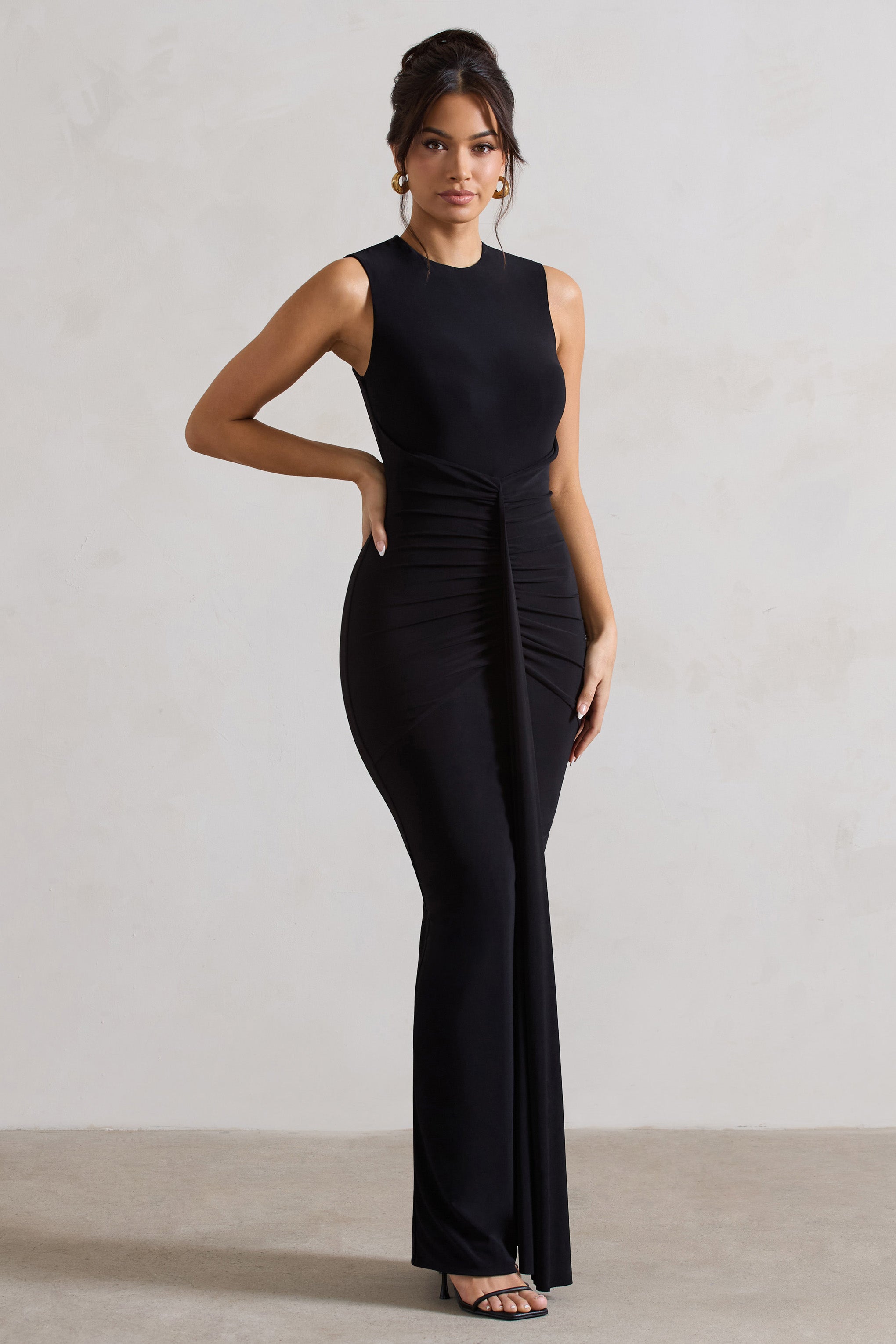 Alexa Black High-Neck Gathered Maxi Dress With Drape-Fashionmomo.All Rights Reserved