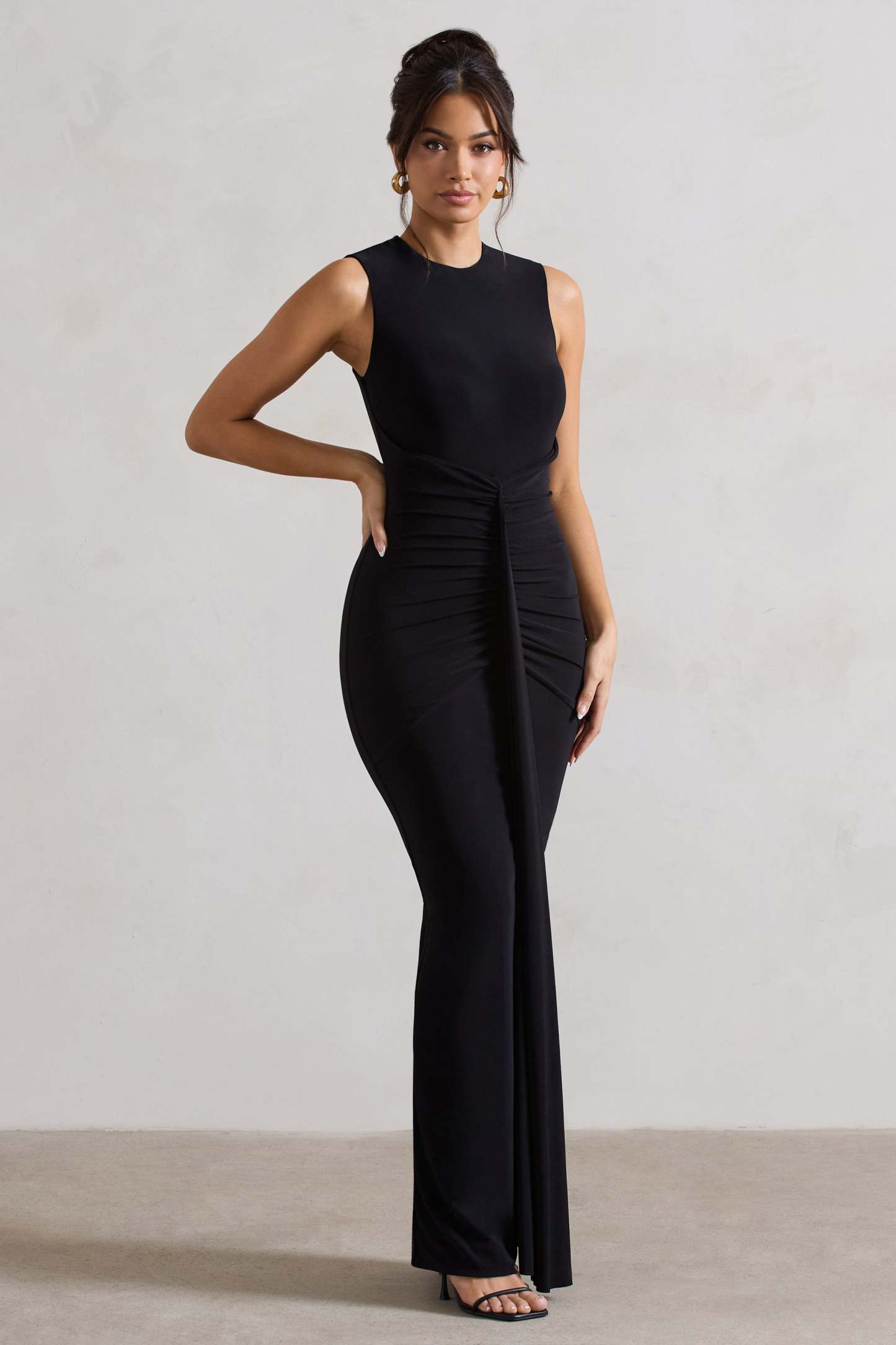 Alexa Black High-Neck Gathered Maxi Dress With Drape-Fashionmomo.All Rights Reserved