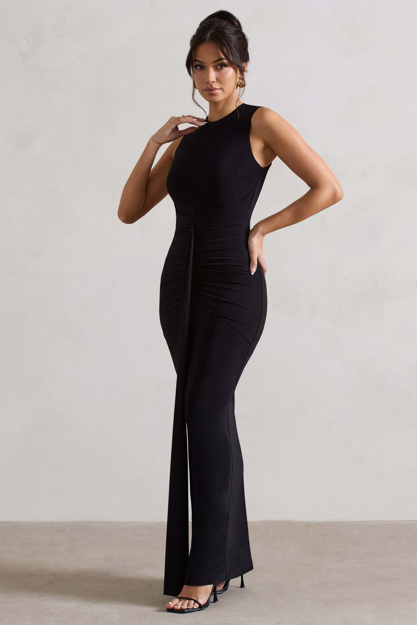 Alexa Black High-Neck Gathered Maxi Dress With Drape-Fashionmomo.All Rights Reserved