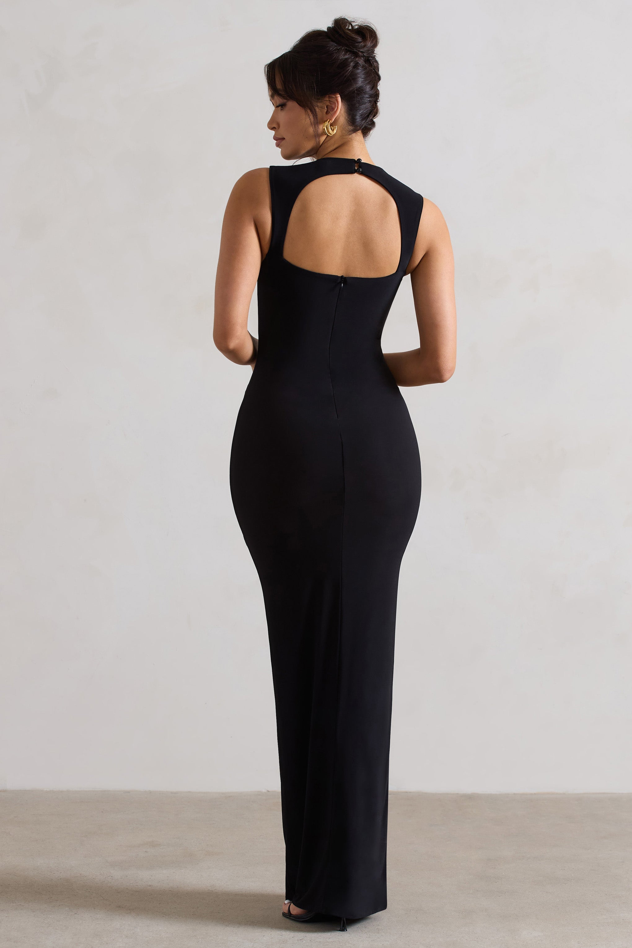 Alexa Black High-Neck Gathered Maxi Dress With Drape-Fashionmomo.All Rights Reserved