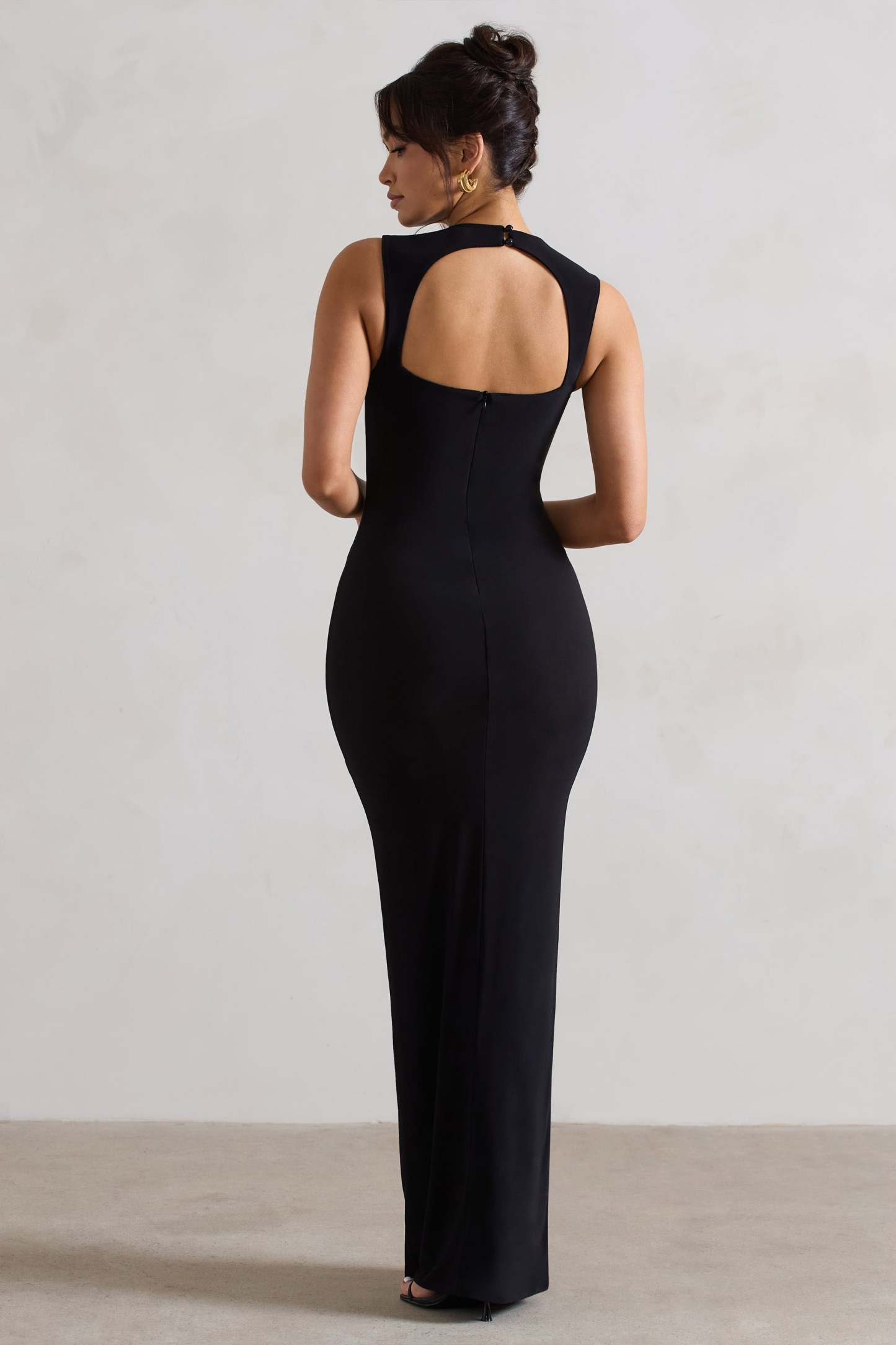 Alexa Black High-Neck Gathered Maxi Dress With Drape-Fashionmomo.All Rights Reserved