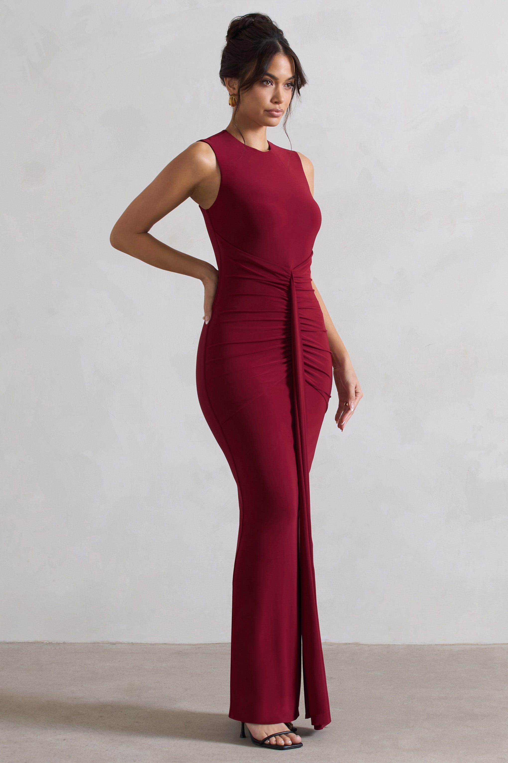 Alexa Berry High-Neck Gathered Maxi Dress With Drape-Fashionmomo.All Rights Reserved