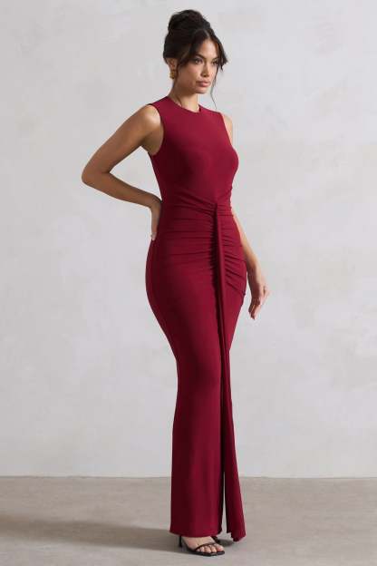 Alexa Berry High-Neck Gathered Maxi Dress With Drape-Fashionmomo.All Rights Reserved