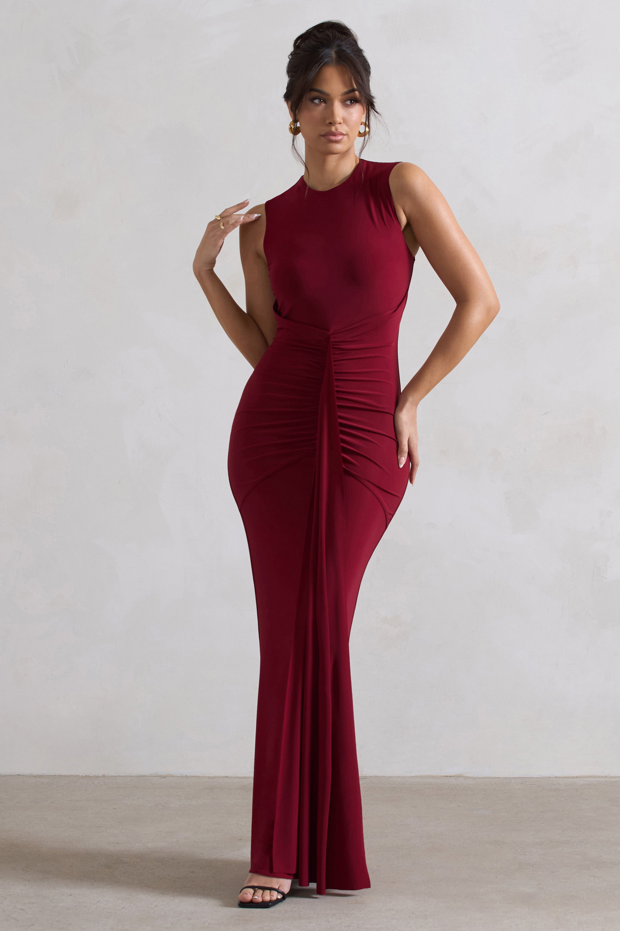 Alexa Berry High-Neck Gathered Maxi Dress With Drape-Fashionmomo.All Rights Reserved
