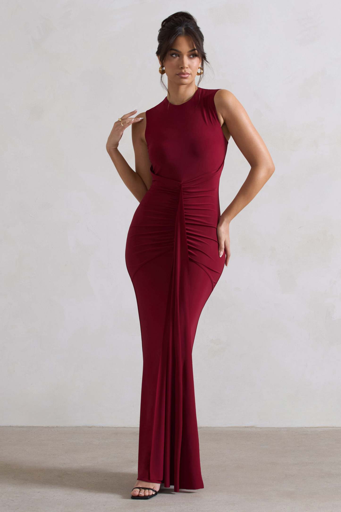 Alexa Berry High-Neck Gathered Maxi Dress With Drape-Fashionmomo.All Rights Reserved