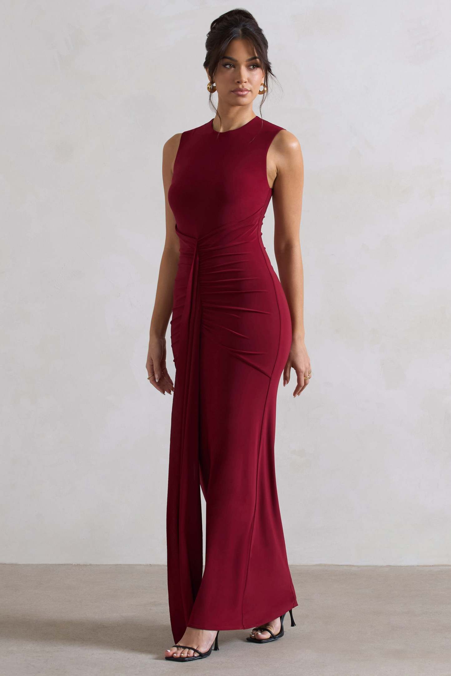 Alexa Berry High-Neck Gathered Maxi Dress With Drape-Fashionmomo.All Rights Reserved