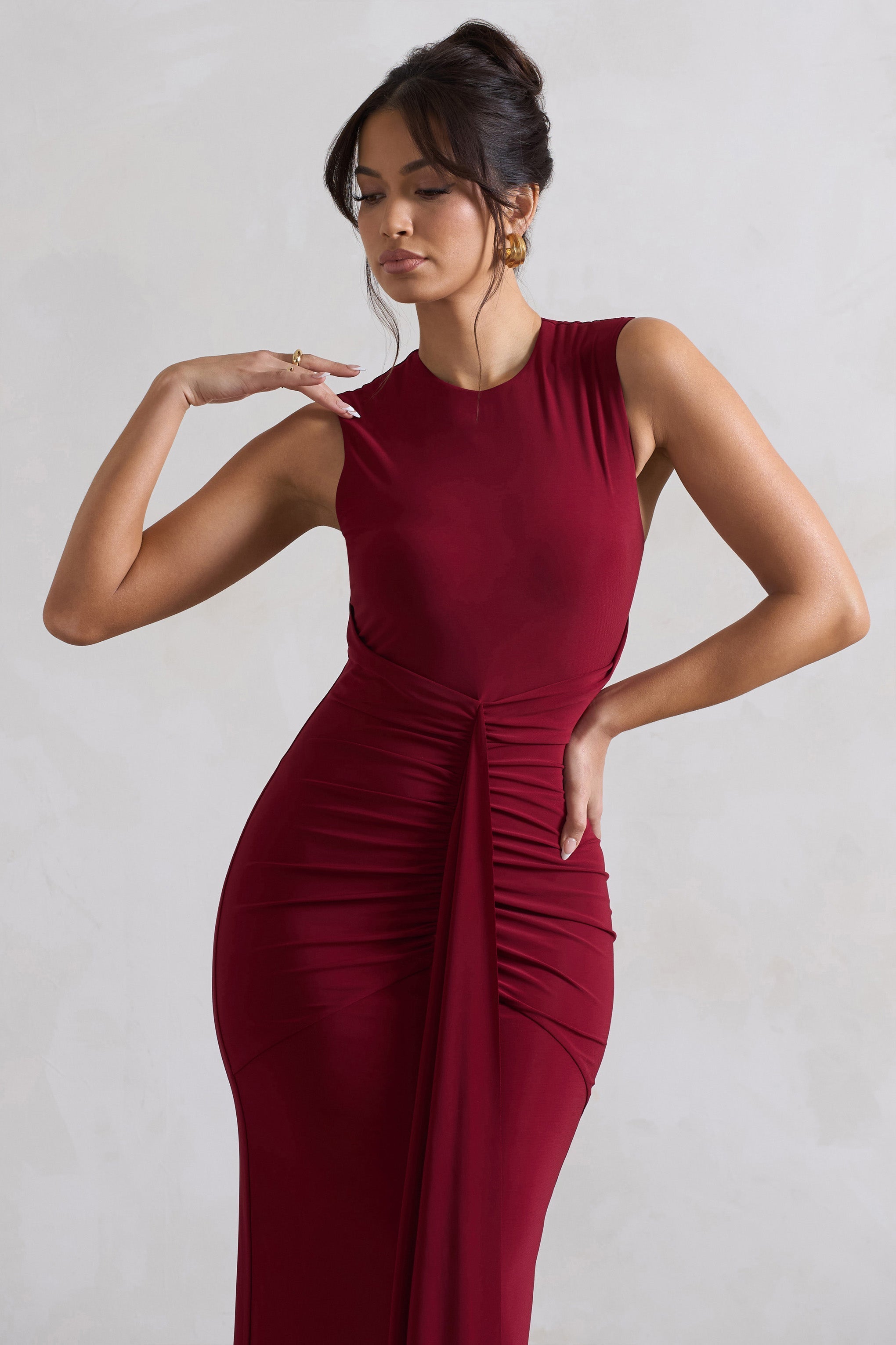 Alexa Berry High-Neck Gathered Maxi Dress With Drape-Fashionmomo.All Rights Reserved